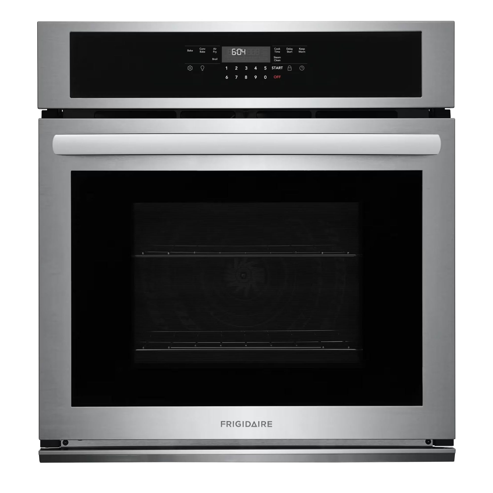Frigidaire 27-inch stainless steel single wall oven with air fry function, featuring digital controls and modern design.