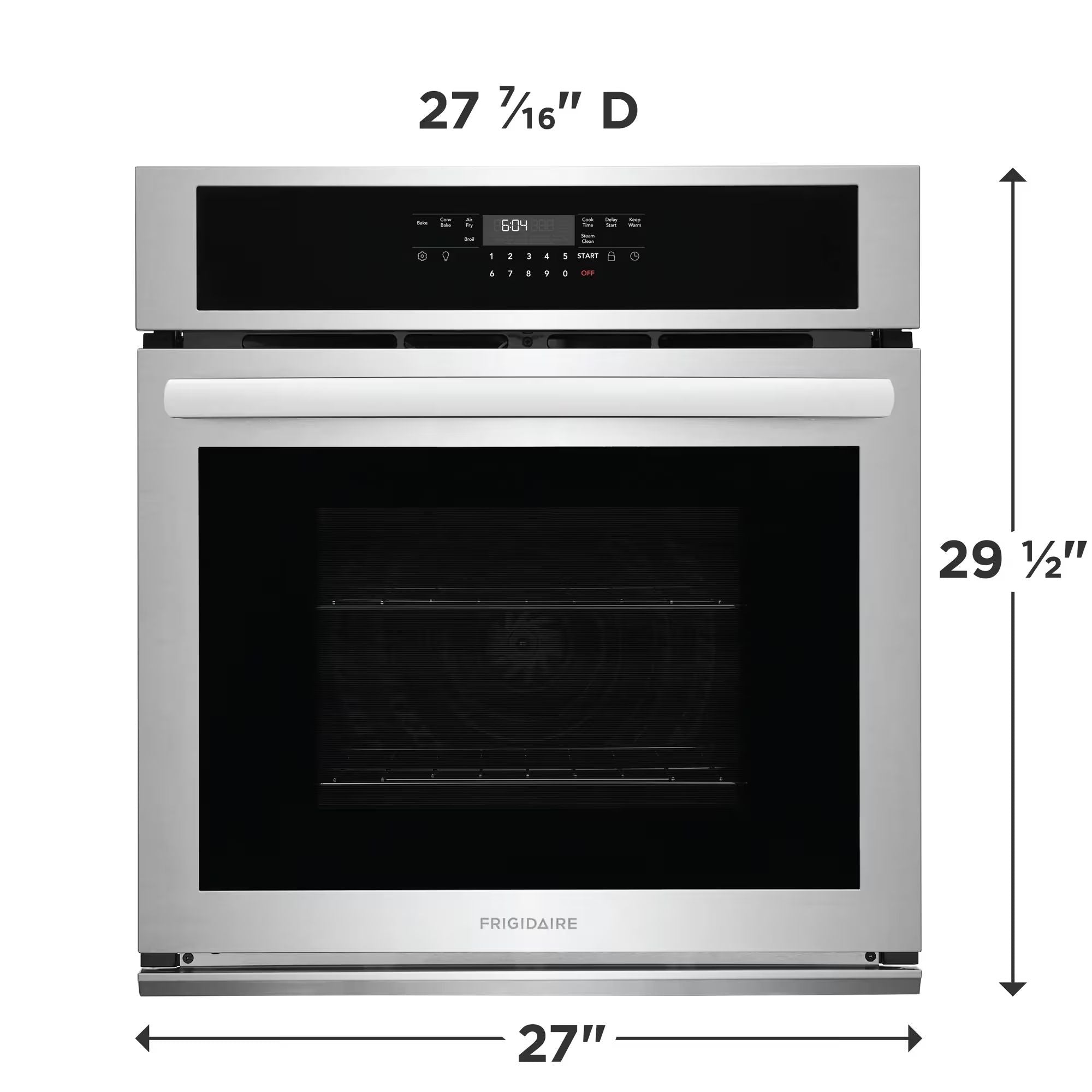 Frigidaire 27-inch stainless steel single wall oven with air fry feature, modern design, and digital control panel.