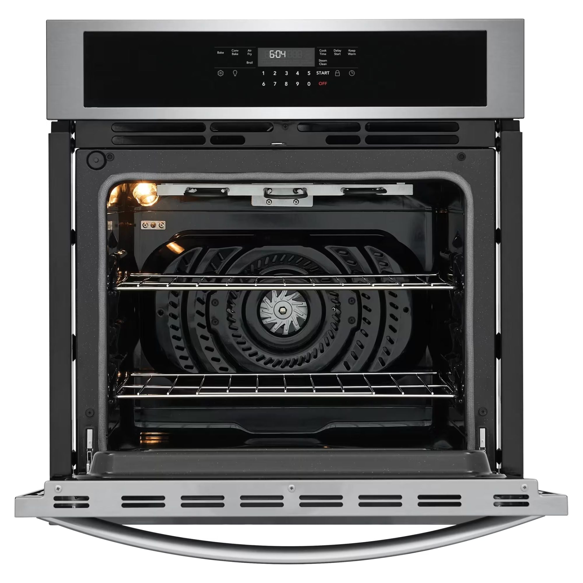 Frigidaire 27-inch stainless steel single wall oven with air fry feature, modern kitchen appliance with digital display and control panel.