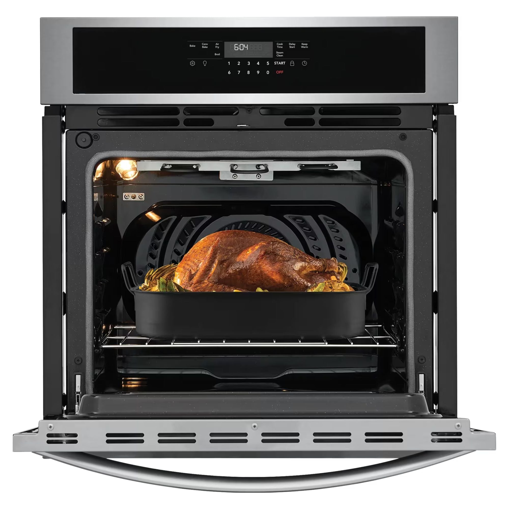 Frigidaire FCWS2730AS 27-inch stainless steel single wall oven with air fry feature, showcasing digital control panel and sleek design.