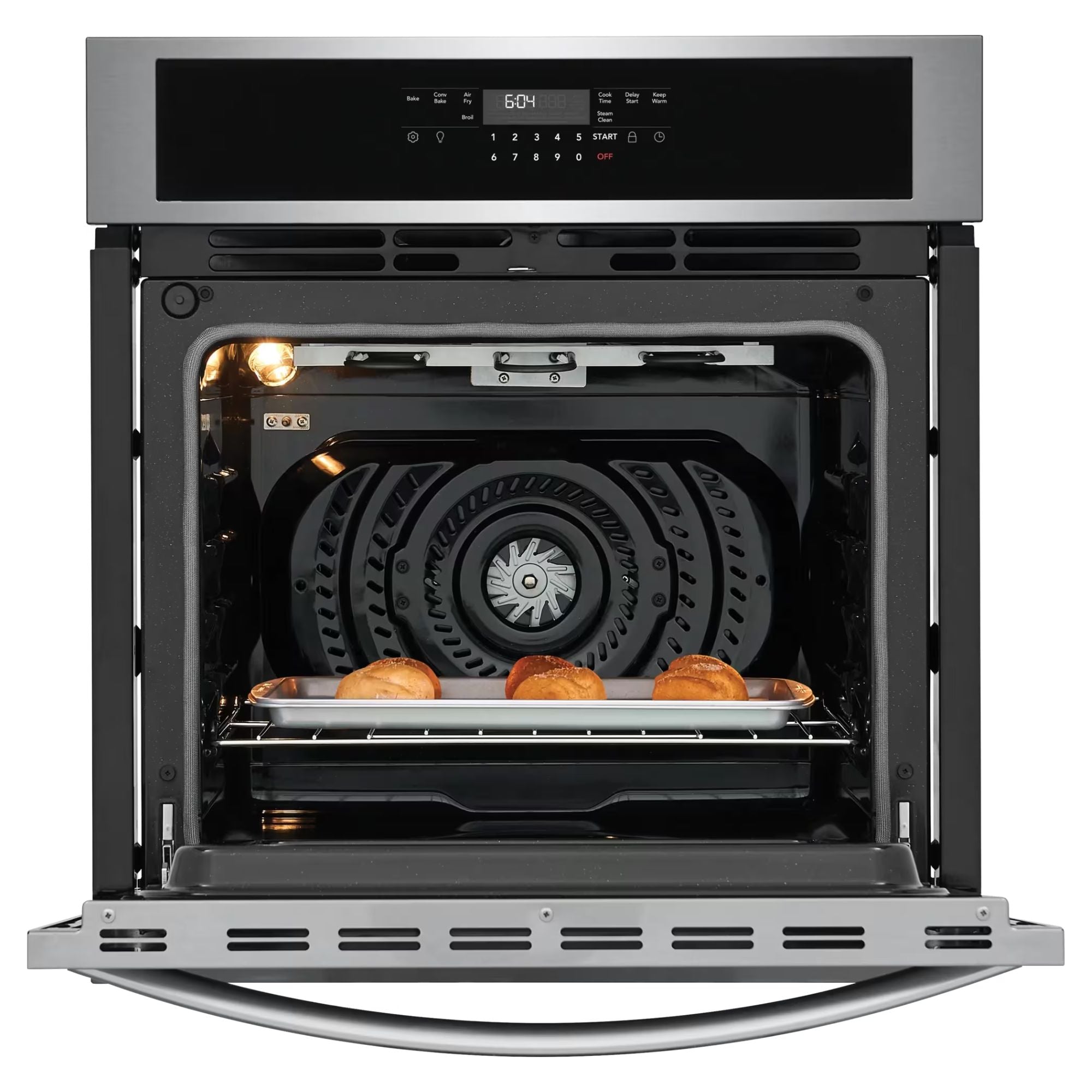 Frigidaire 27-inch stainless steel single wall oven with air fry feature, modern kitchen appliance with digital controls.