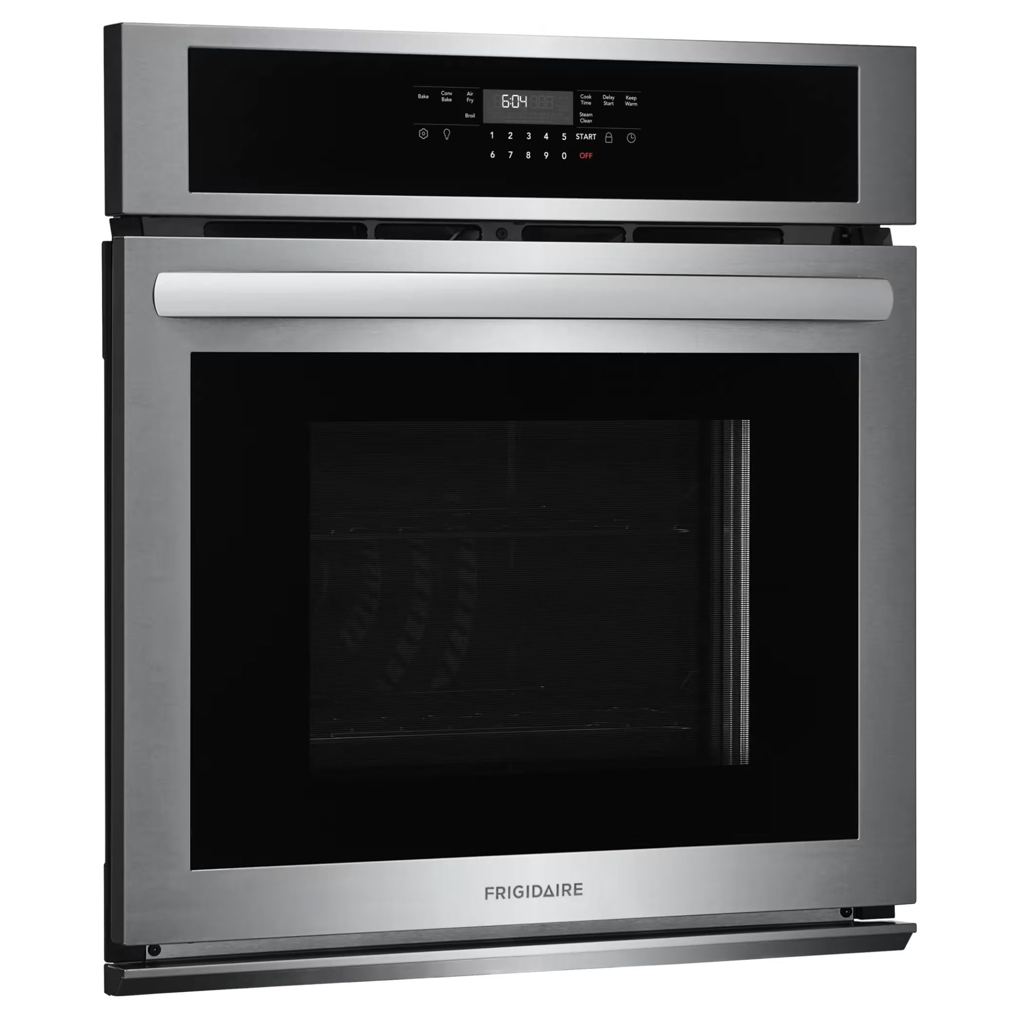Frigidaire 27-inch stainless steel single wall oven with air fry feature, showcasing the sleek oven door and control panel.