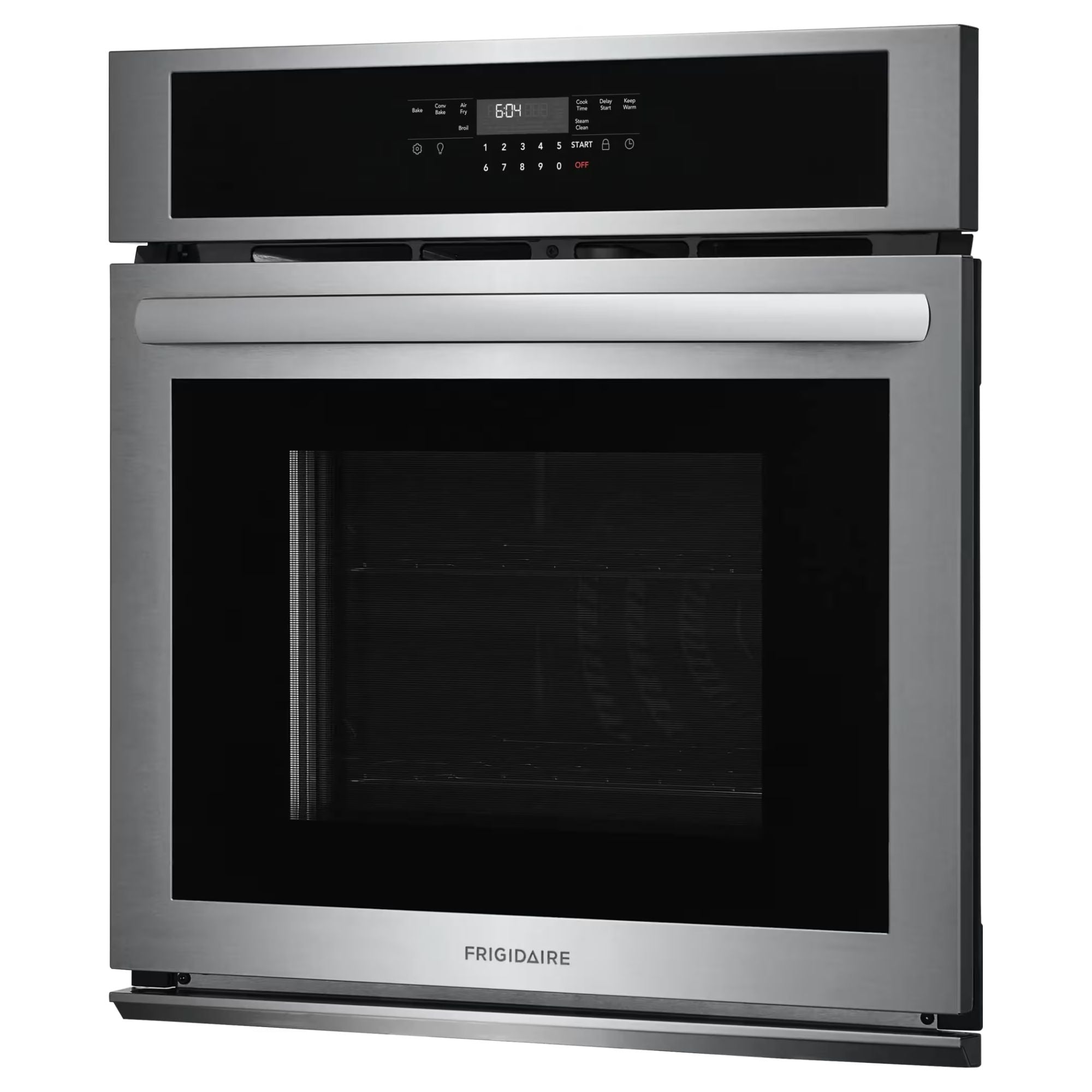 Frigidaire 27-inch stainless steel single wall oven with air fry function, featuring digital controls and modern design.