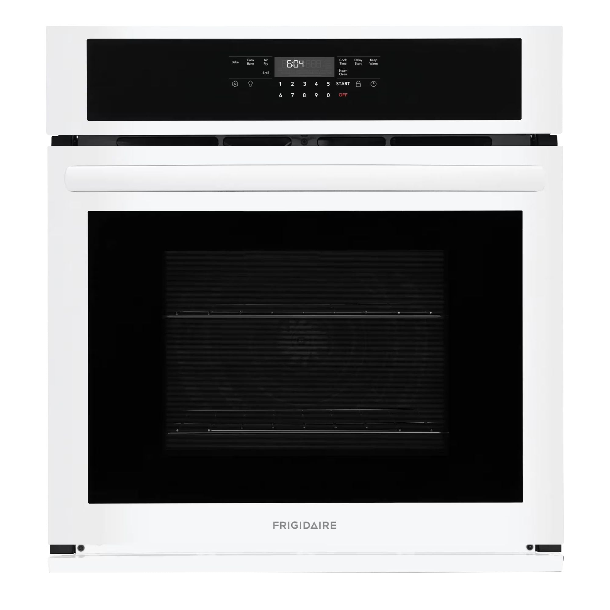 White Frigidaire 27-inch single wall oven with digital control panel and spacious interior for versatile cooking.