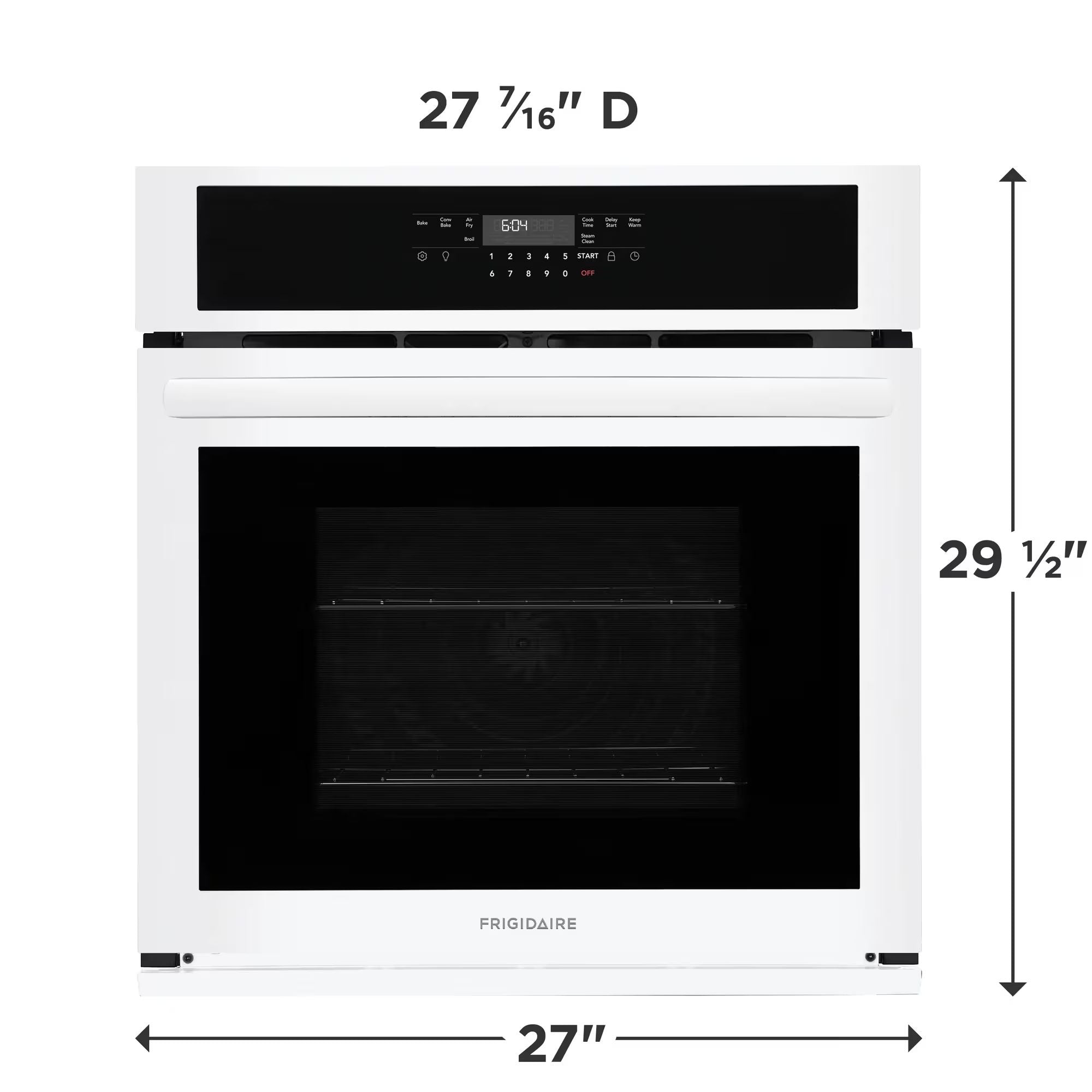 Frigidaire FCWS2730AW 27-inch white single wall oven with digital control panel and stainless steel handle.