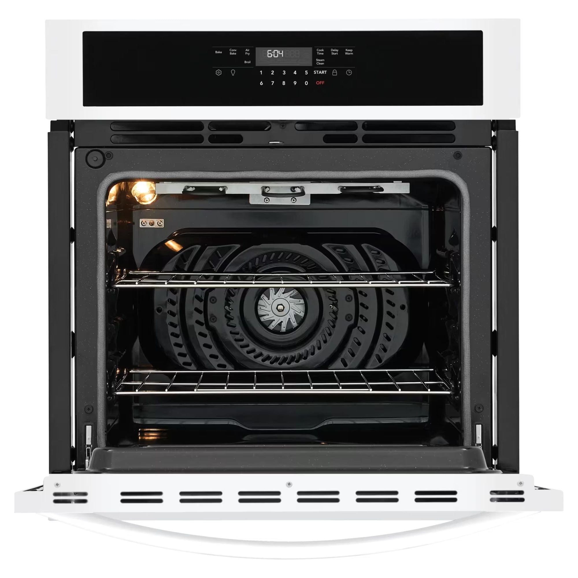 Frigidaire 27-inch white single wall oven with control panel and oven door, designed for built-in kitchen installation.