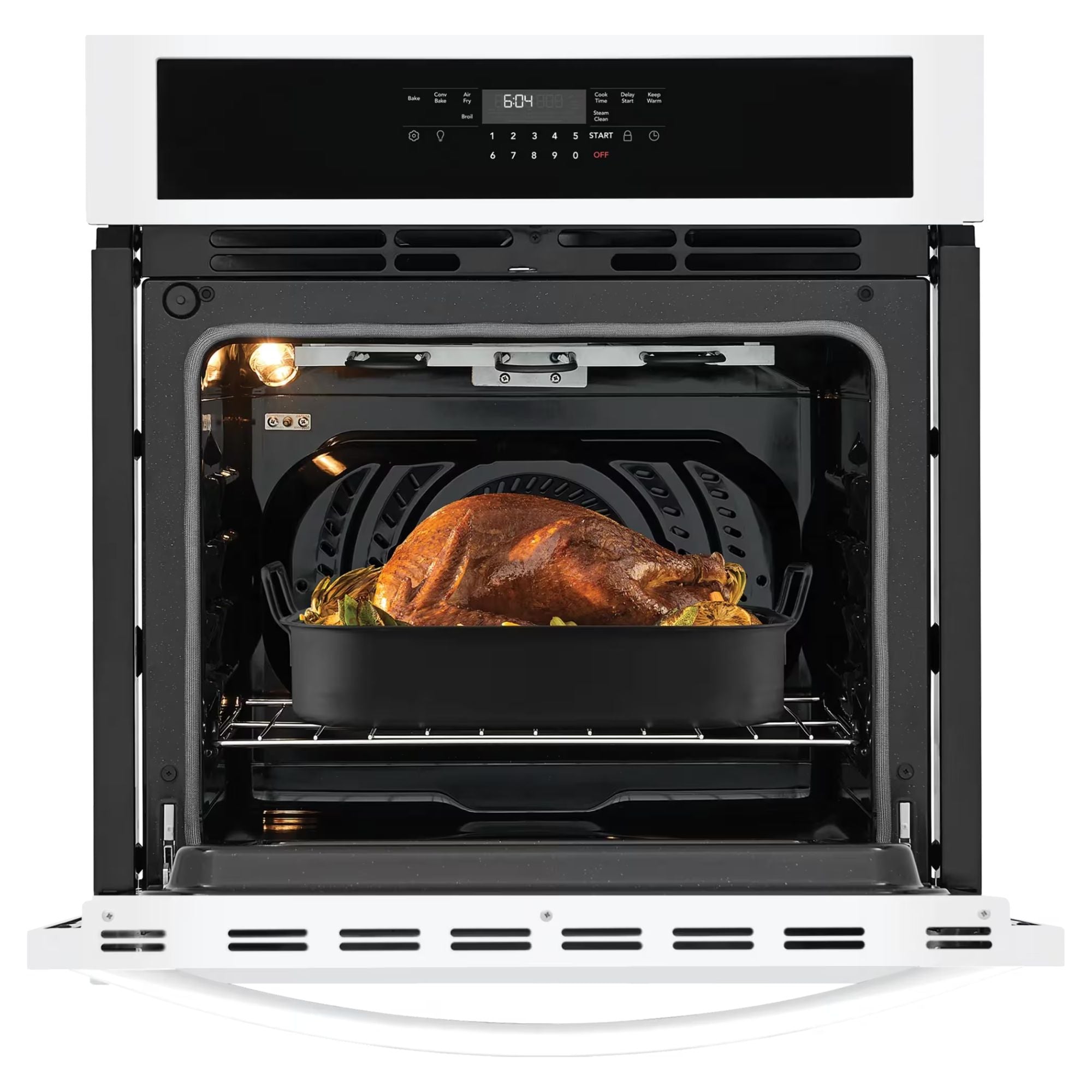 Frigidaire 27-inch white single wall oven with digital controls and stainless steel handle, installed in modern kitchen setting.