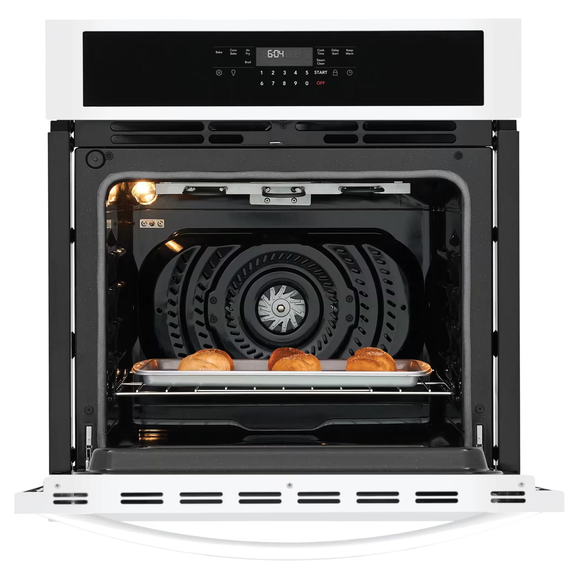 Frigidaire 27-inch white single wall oven, showcasing the sleek control panel and spacious cooking interior.