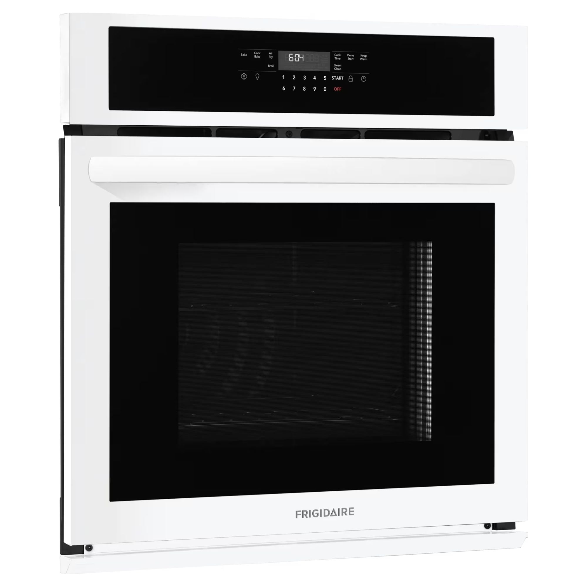 Frigidaire FCWS2730AW 27-inch white single wall oven with digital control panel and spacious interior.