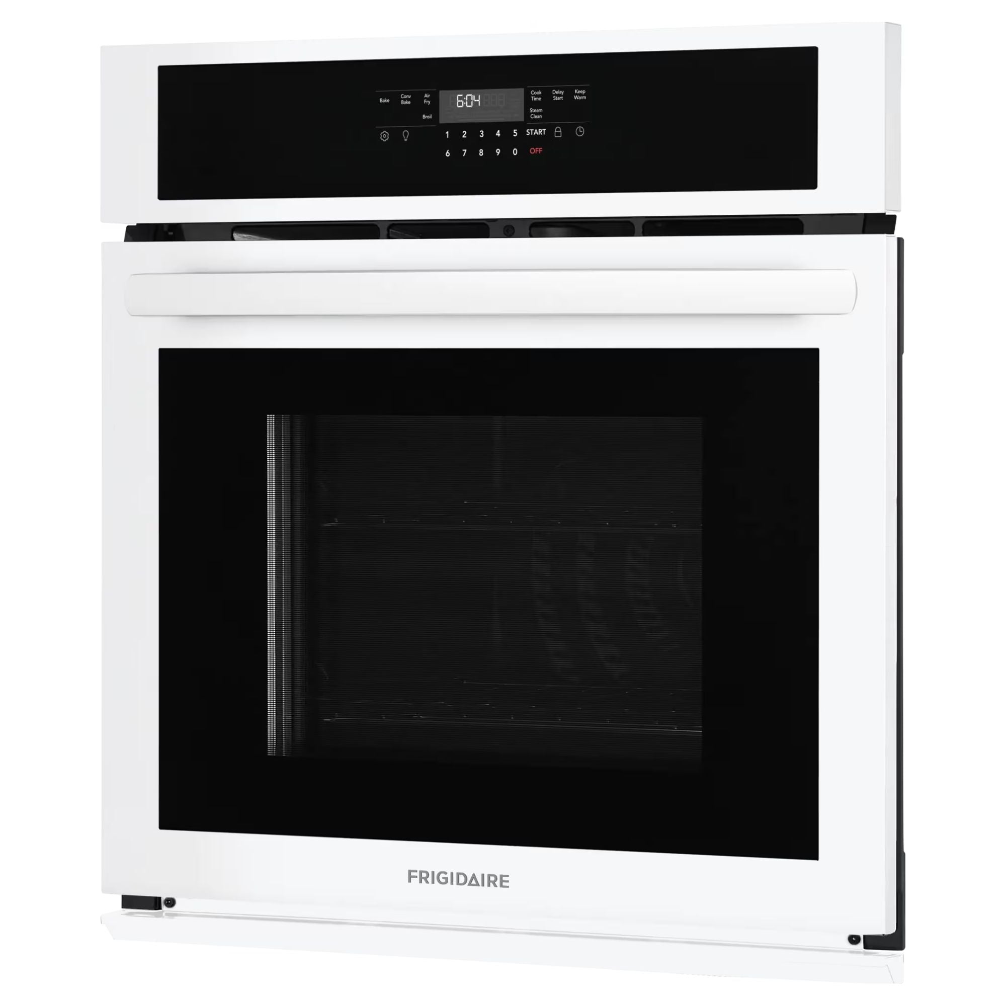 Frigidaire 27-inch white single wall oven displaying control panel and oven door in a modern kitchen setting.