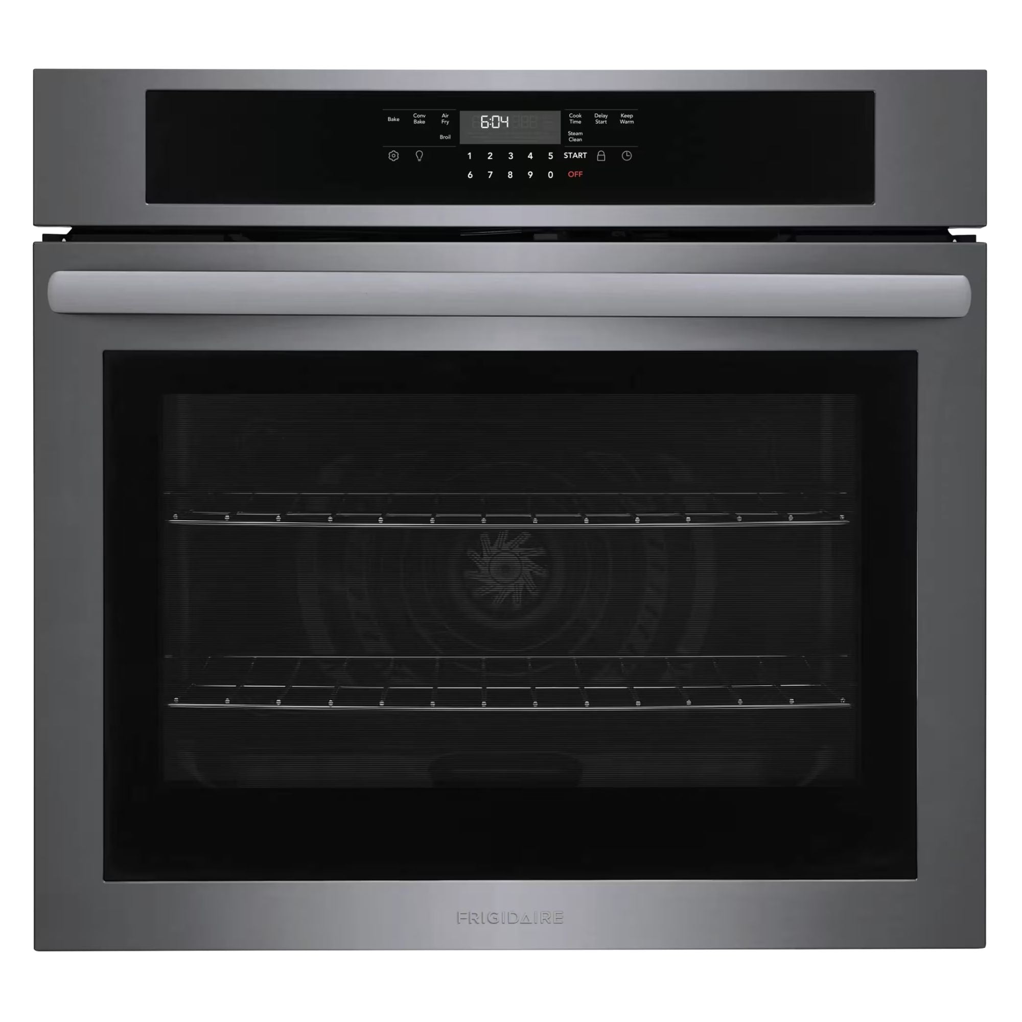 Frigidaire 30-inch black stainless steel wall oven with air fry function, featuring digital controls and spacious interior.