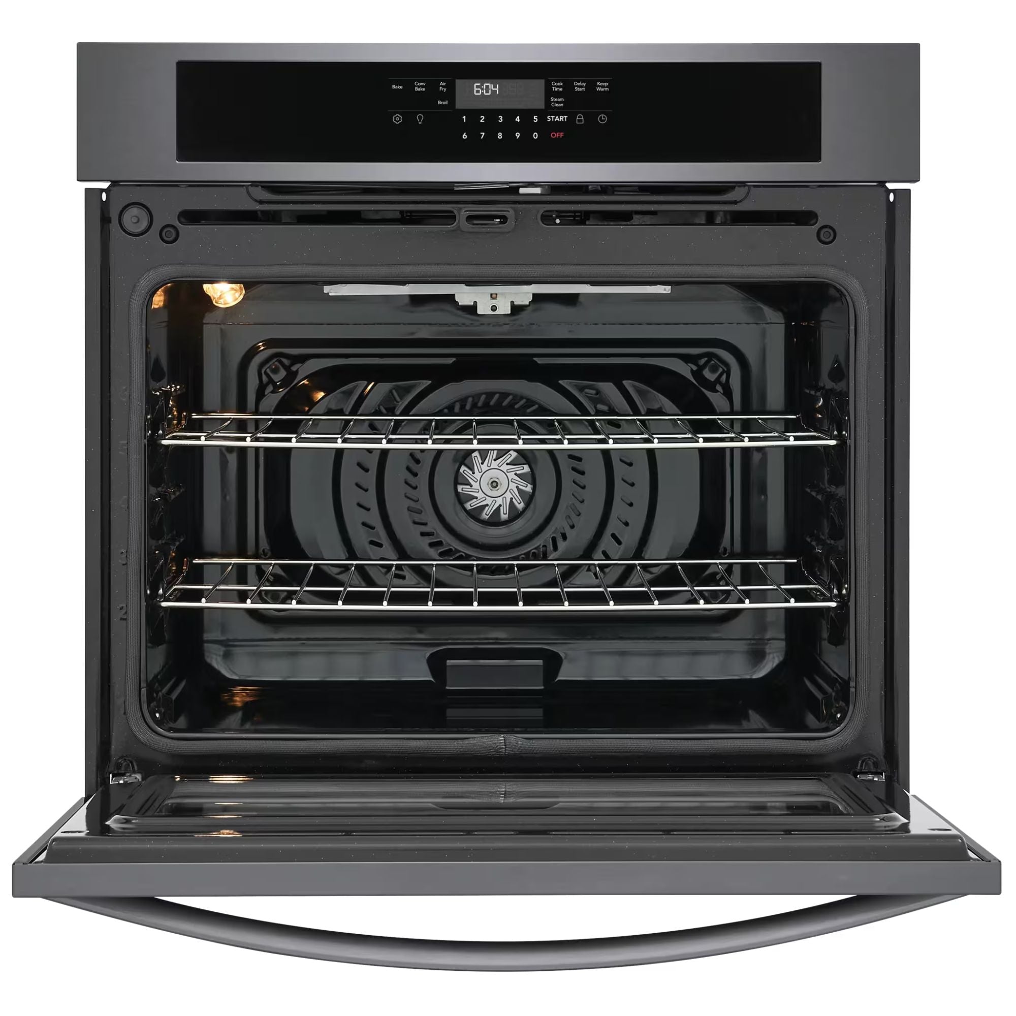 Frigidaire 30-inch black stainless steel single wall oven with air fry function, showing the oven door and control panel.