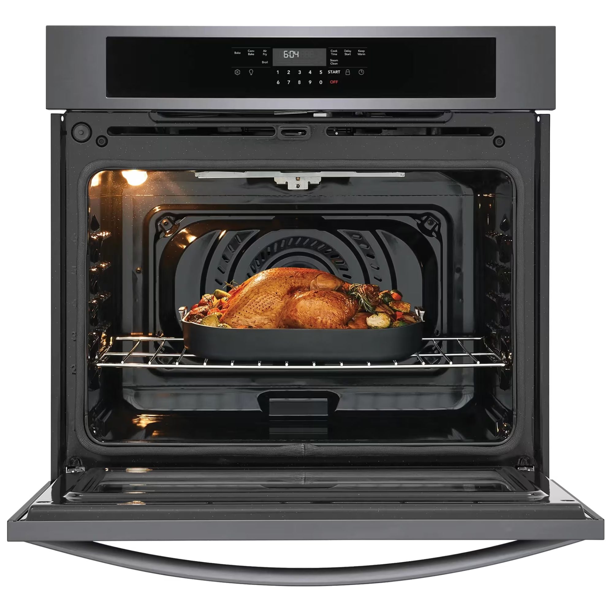 Frigidaire 30-inch black stainless steel single wall oven with air fry feature, shown in a modern kitchen setting.