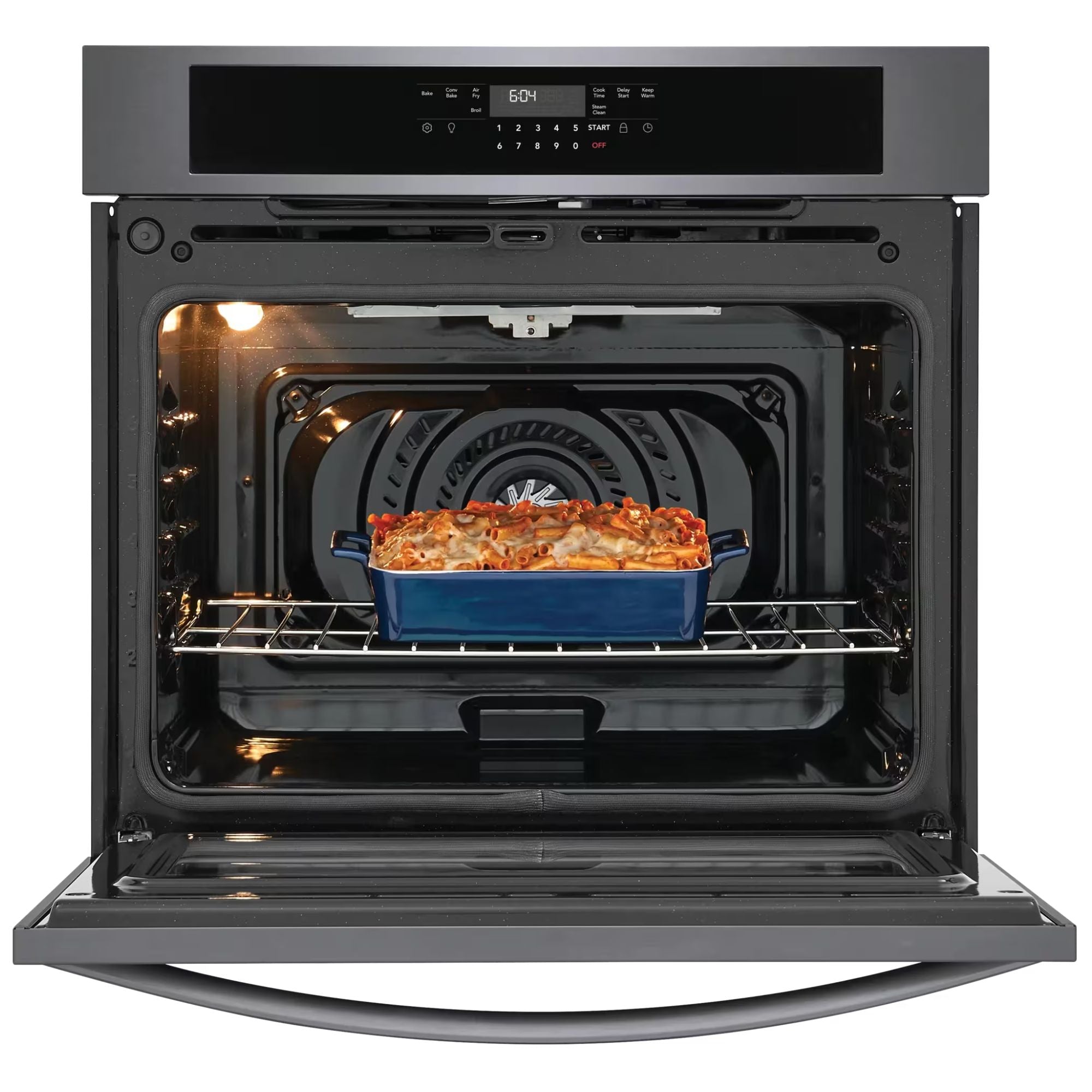 Frigidaire FCWS3030AD 30-inch black stainless steel wall oven with air fry feature, shown in a modern kitchen setting
