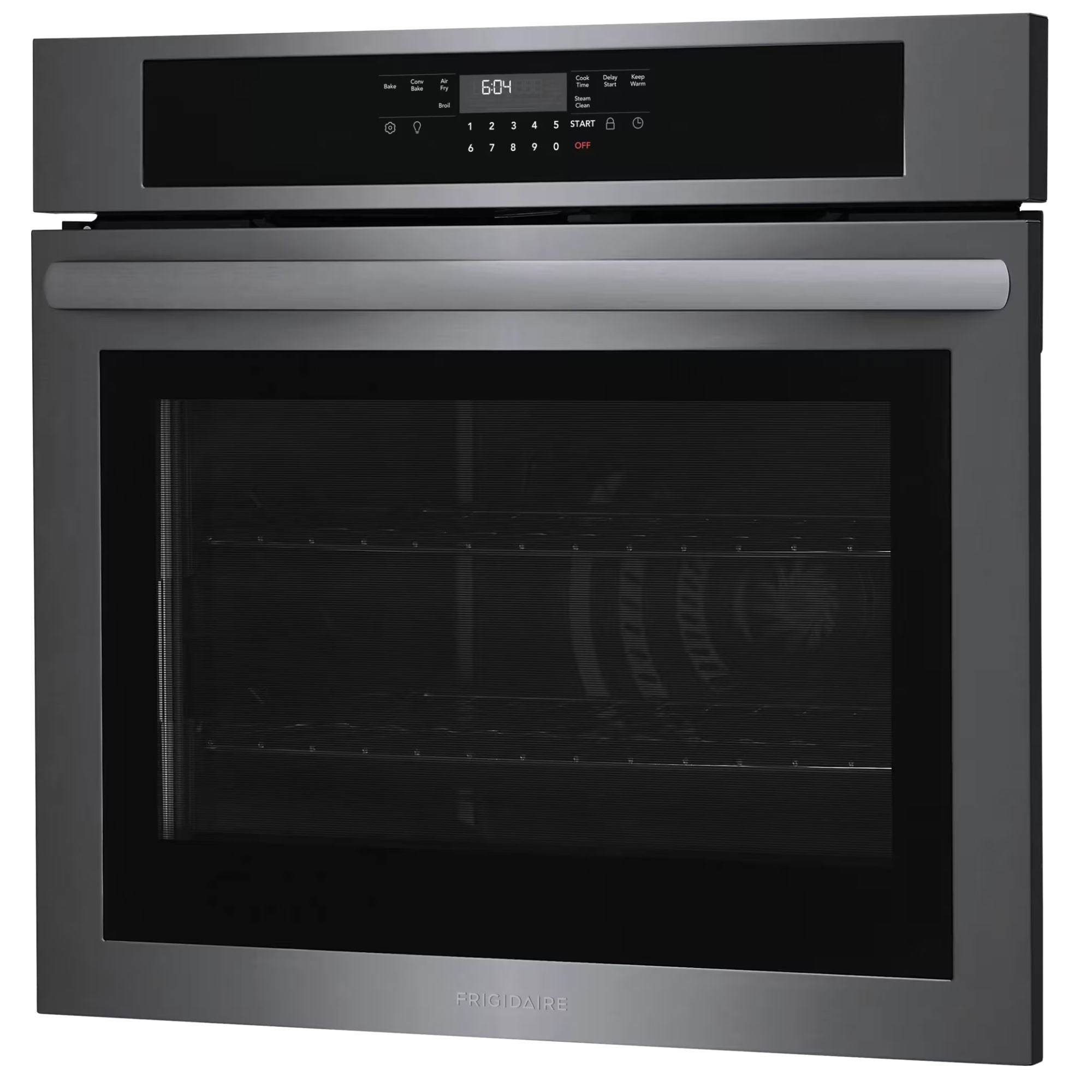 Frigidaire 30-inch black stainless steel single wall oven with air fry function, modern kitchen appliance, front view.