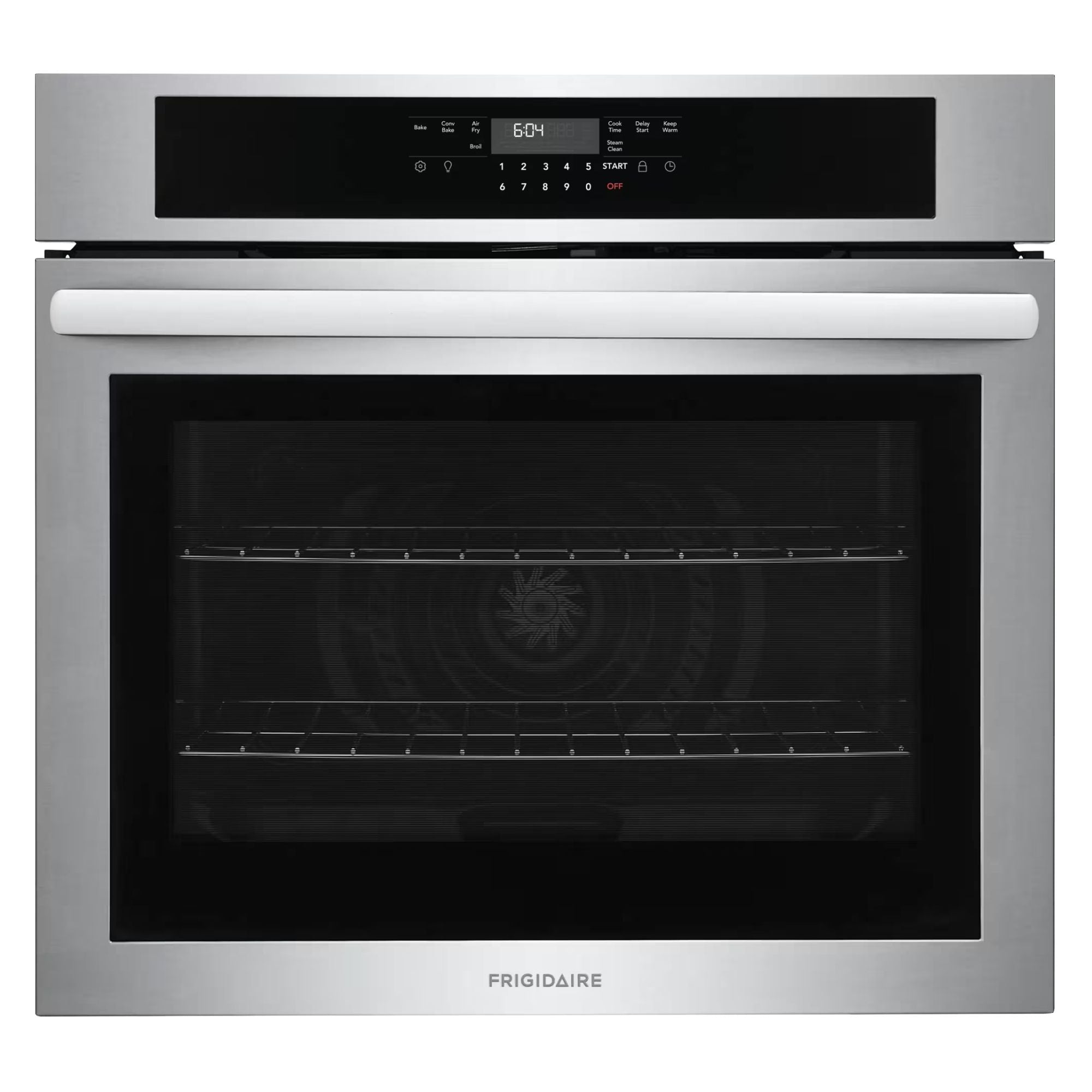 Frigidaire 30-inch stainless steel single wall oven with air fry feature, showcasing the sleek modern design and control panel.