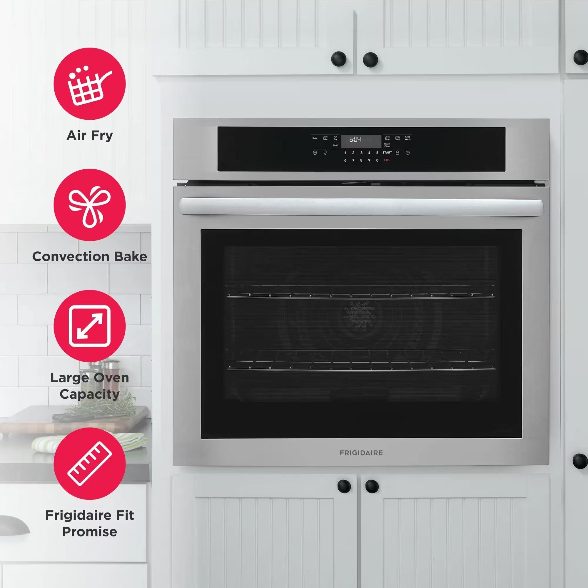 Frigidaire 30-inch stainless steel wall oven with air fry function, featuring a sleek modern design and digital control panel.