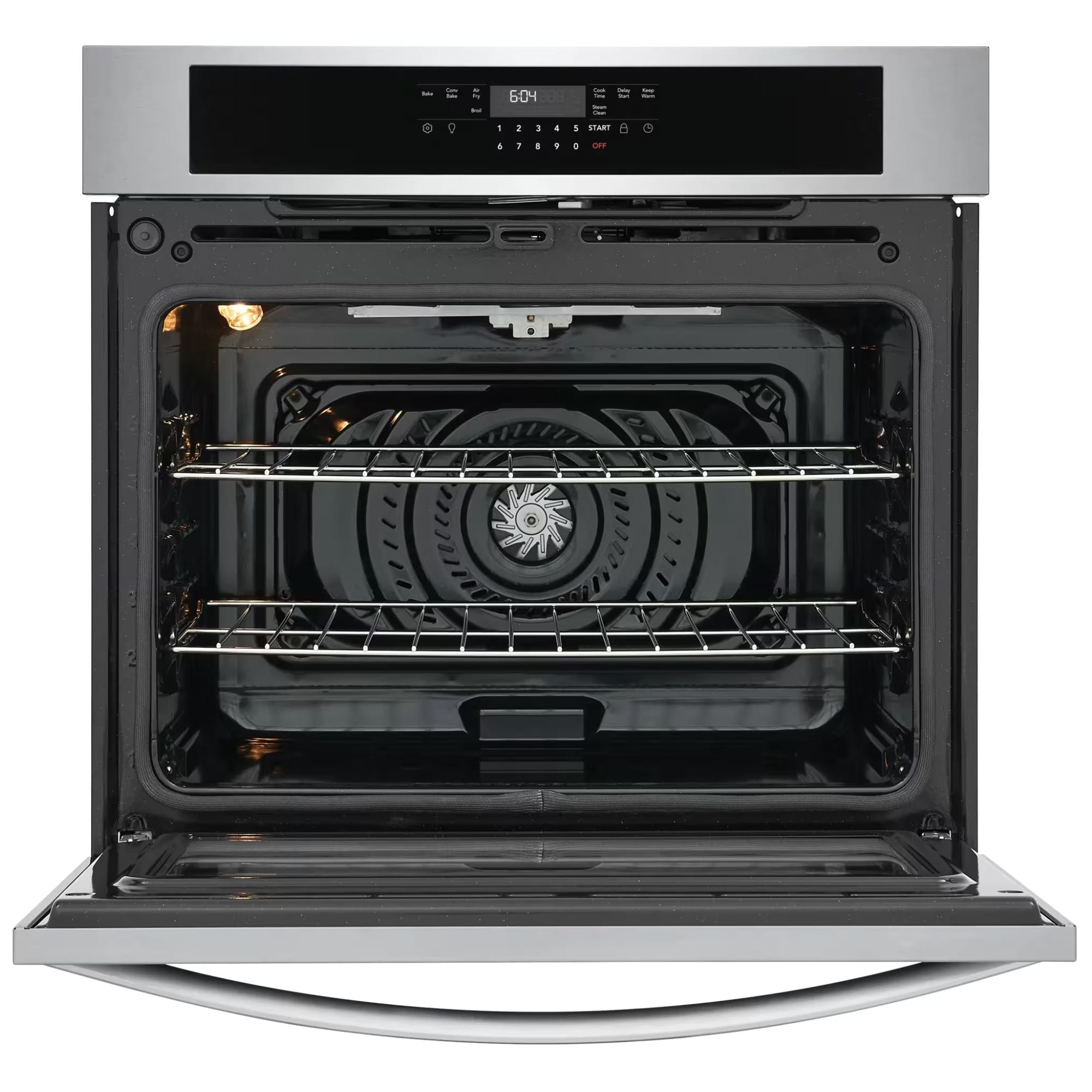 Frigidaire 30-inch stainless steel single wall oven with air fry function, shown with digital control panel and spacious interior.