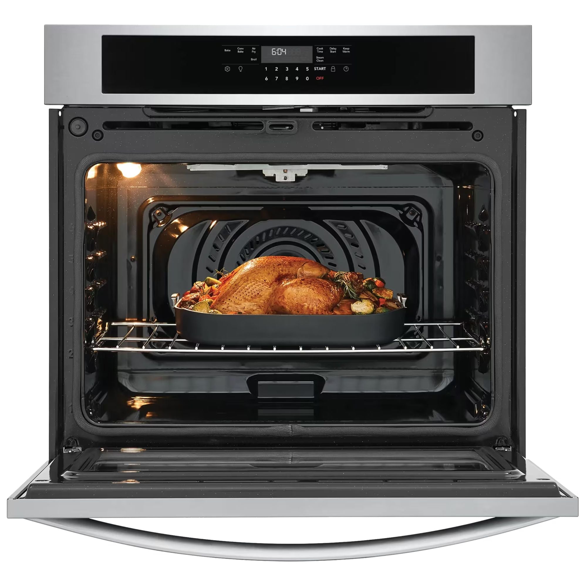 Frigidaire 30-inch stainless steel single wall oven with air fry feature, showcasing the sleek, modern kitchen appliance design.