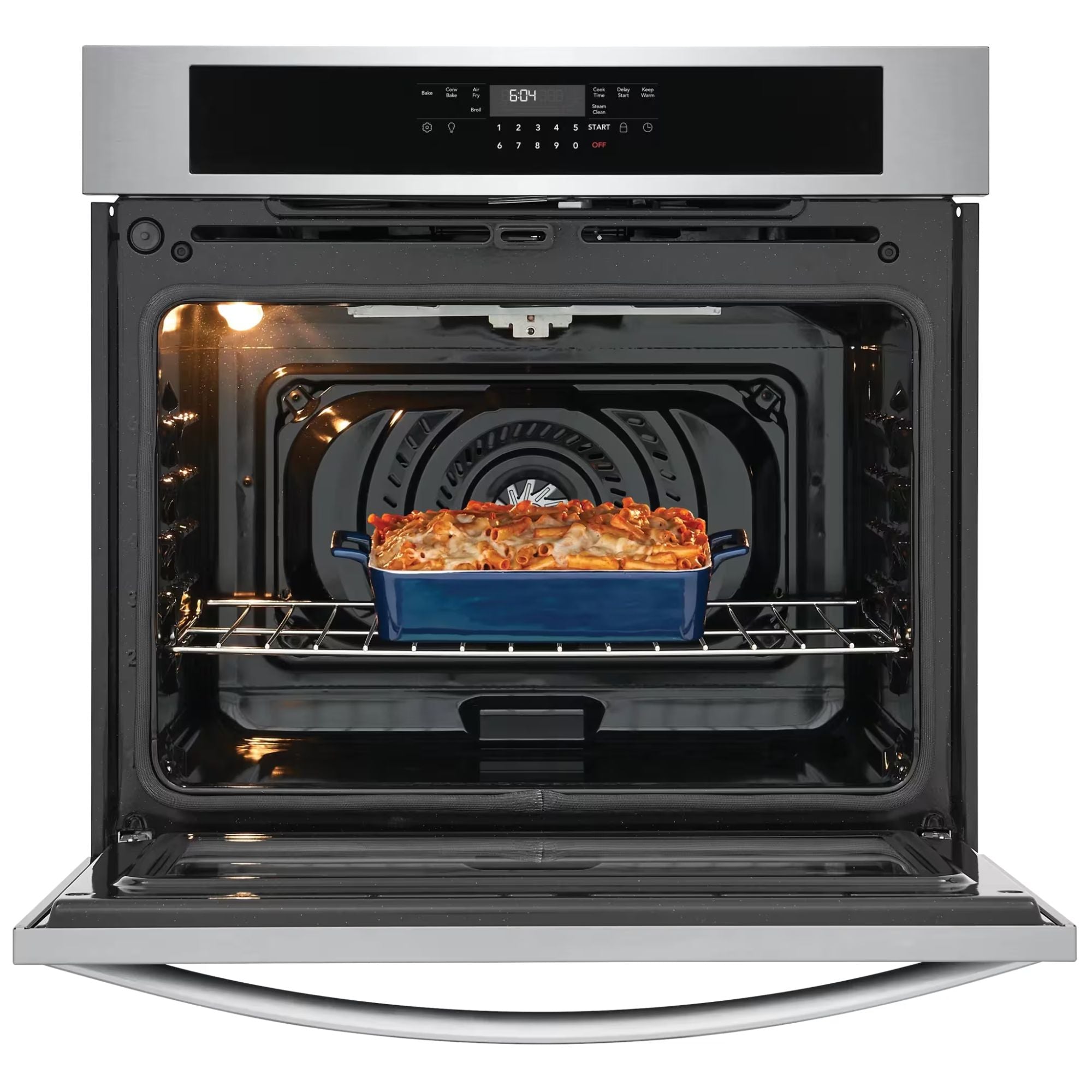 Frigidaire 30-inch stainless steel wall oven with air fry feature, sleek design, and digital display.