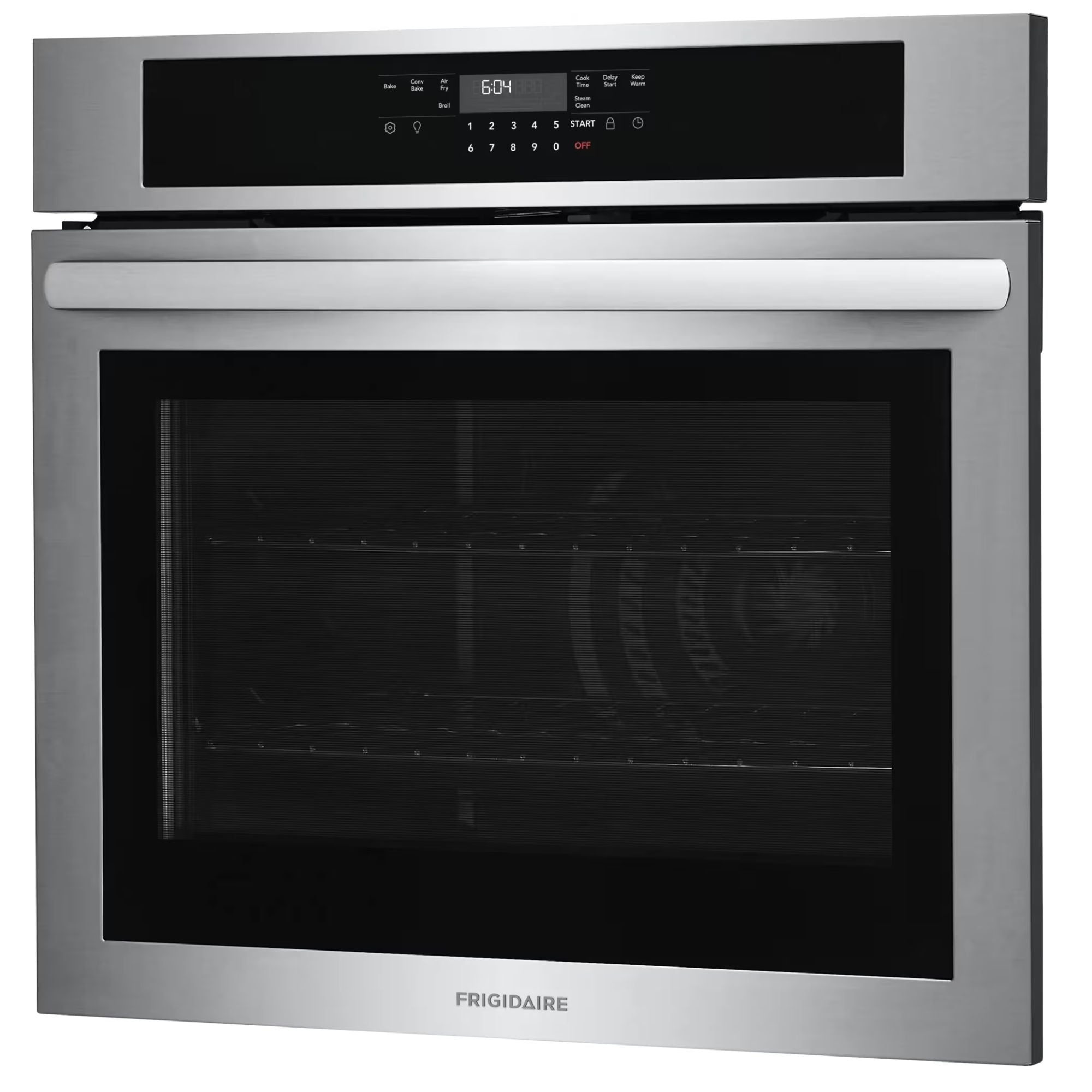 Frigidaire 30-inch stainless steel single wall oven with air fry function, showing the control panel and oven door.