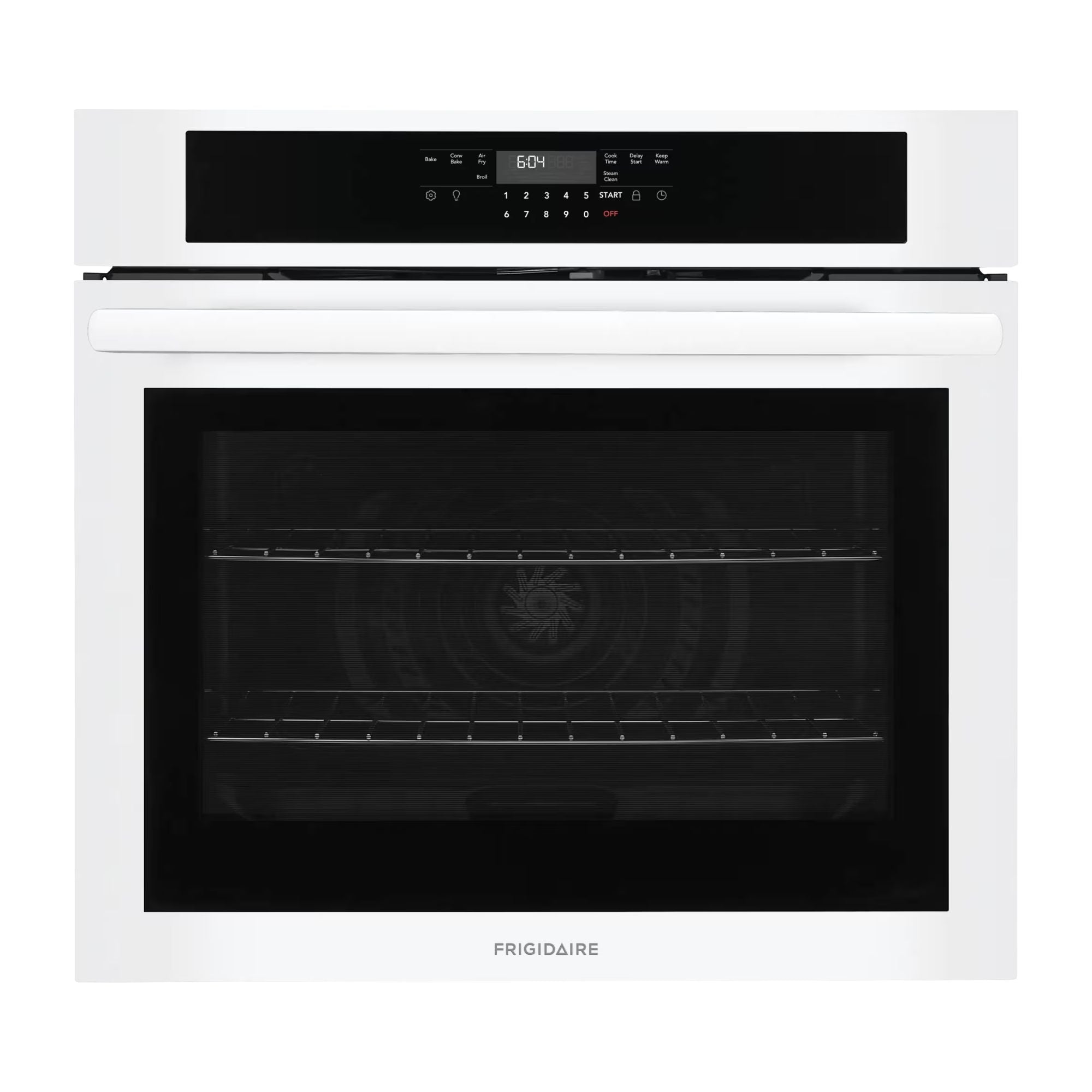 White Frigidaire FCWS3030AW 30-inch single wall oven with air fry functionality, shown installed in a modern kitchen.