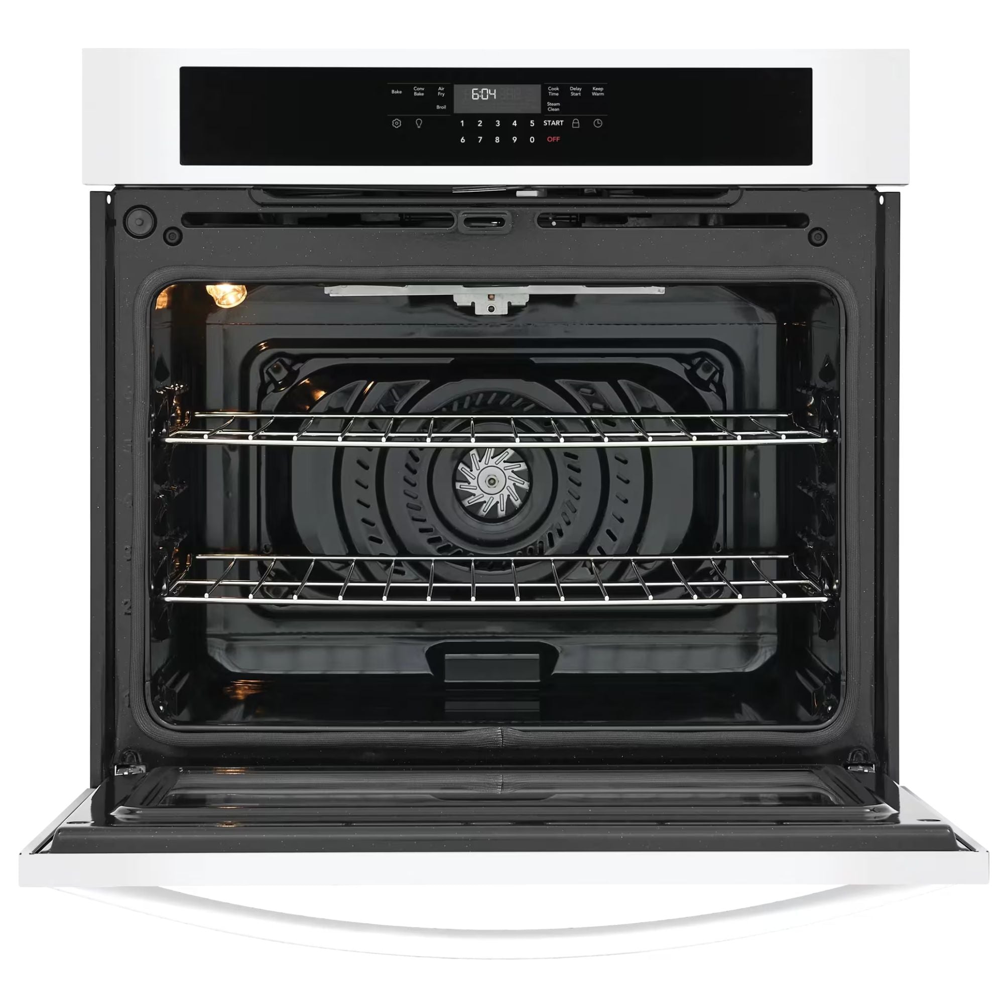 Frigidaire FCWS3030AW 30-inch white single wall oven with air fry function, showing the oven door and control panel.
