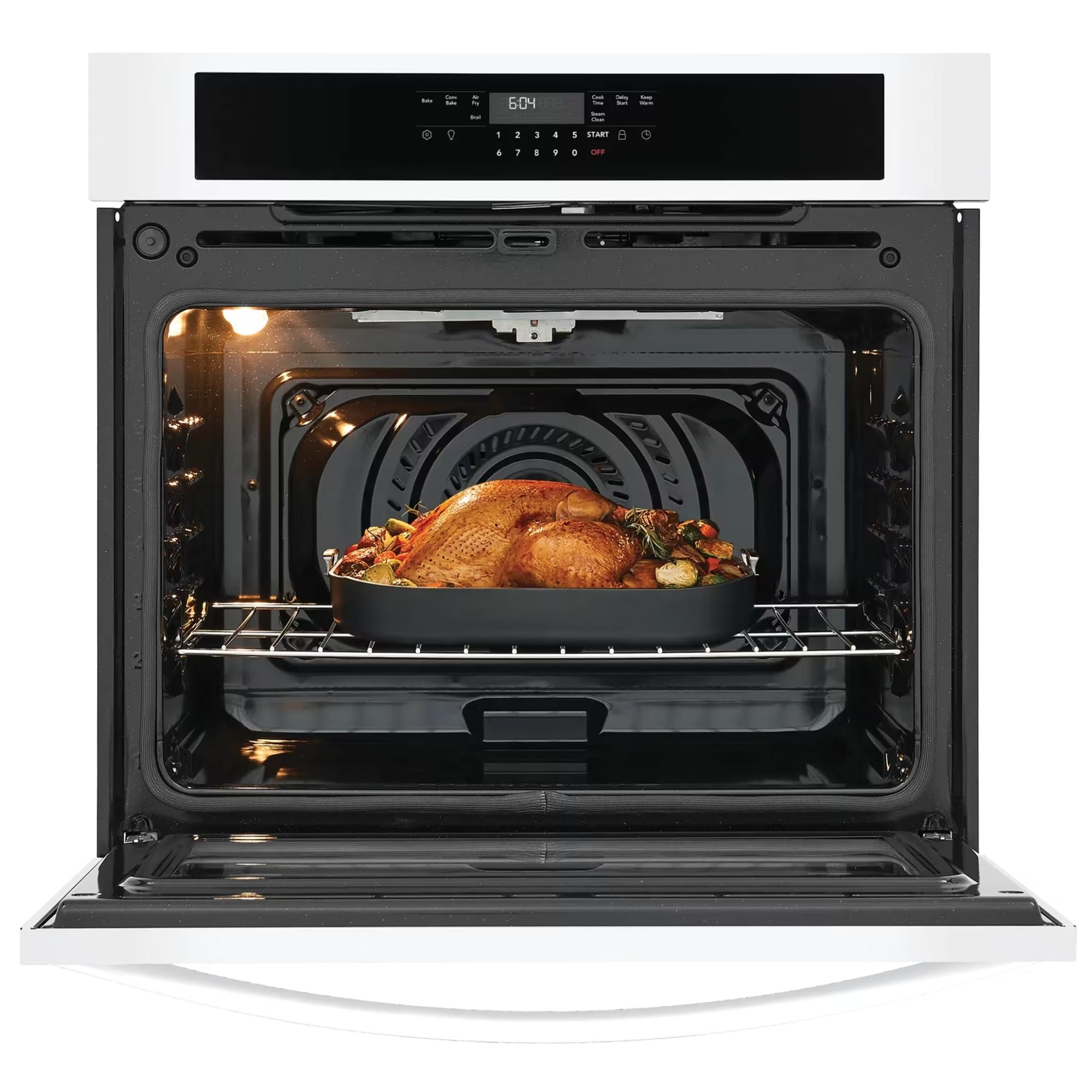 Frigidaire FCWS3030AW 30-inch white single wall oven with air fry function, shown from the front with control panel visible.