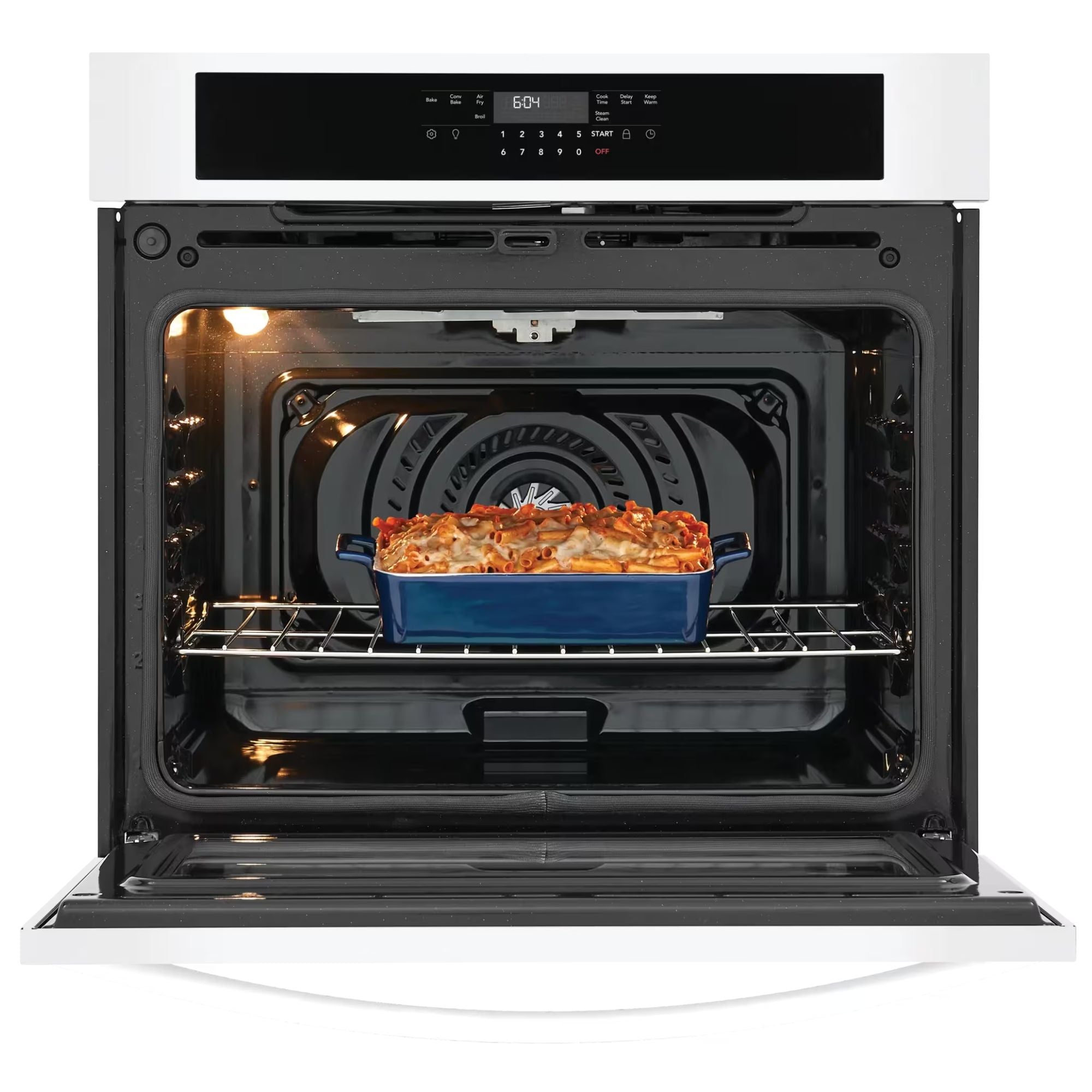 Frigidaire 30-inch white single wall oven with air fry feature, modern kitchen appliance, view of front control panel and oven door
