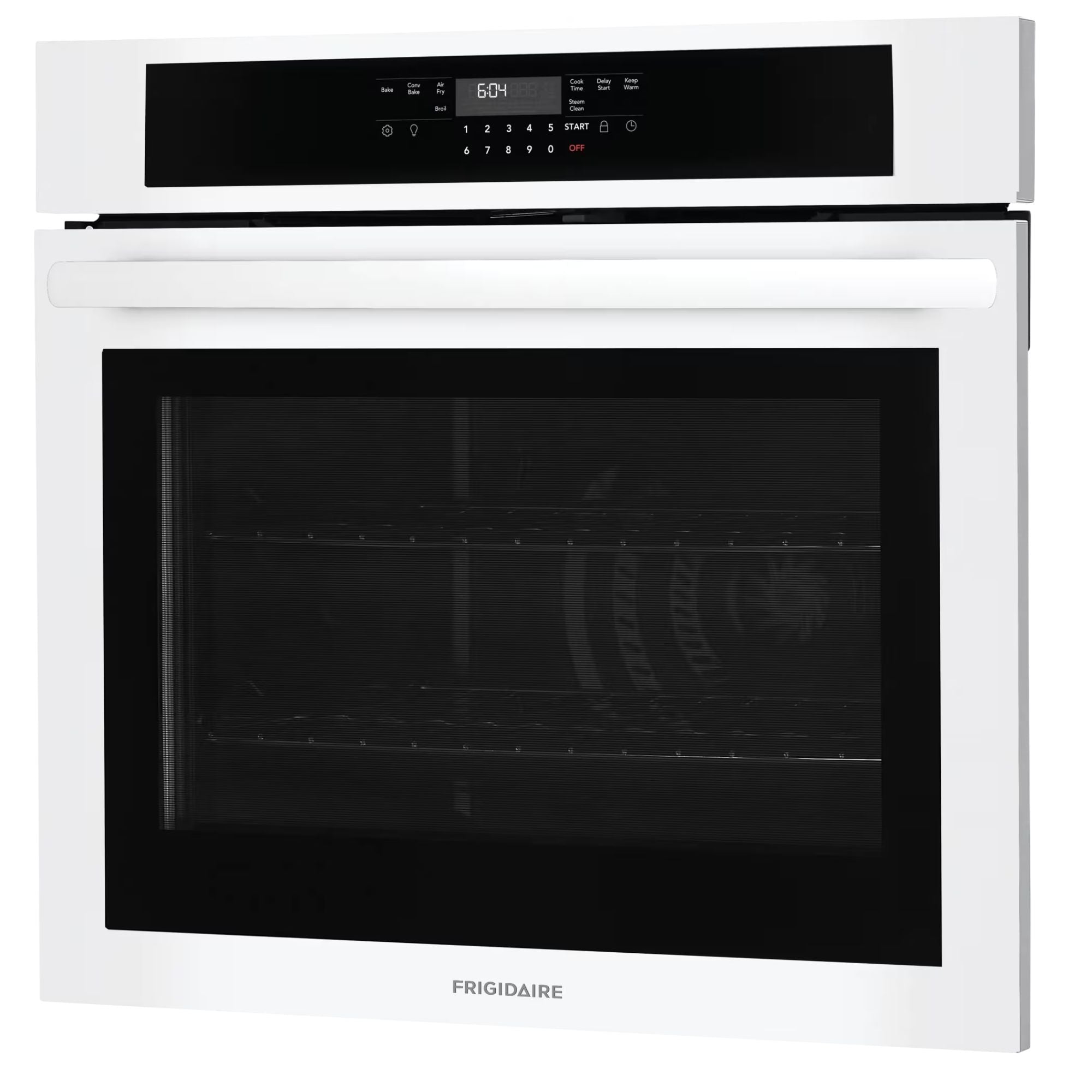Frigidaire 30-inch white wall oven with air fry feature, showcasing the sleek oven door and control panel.