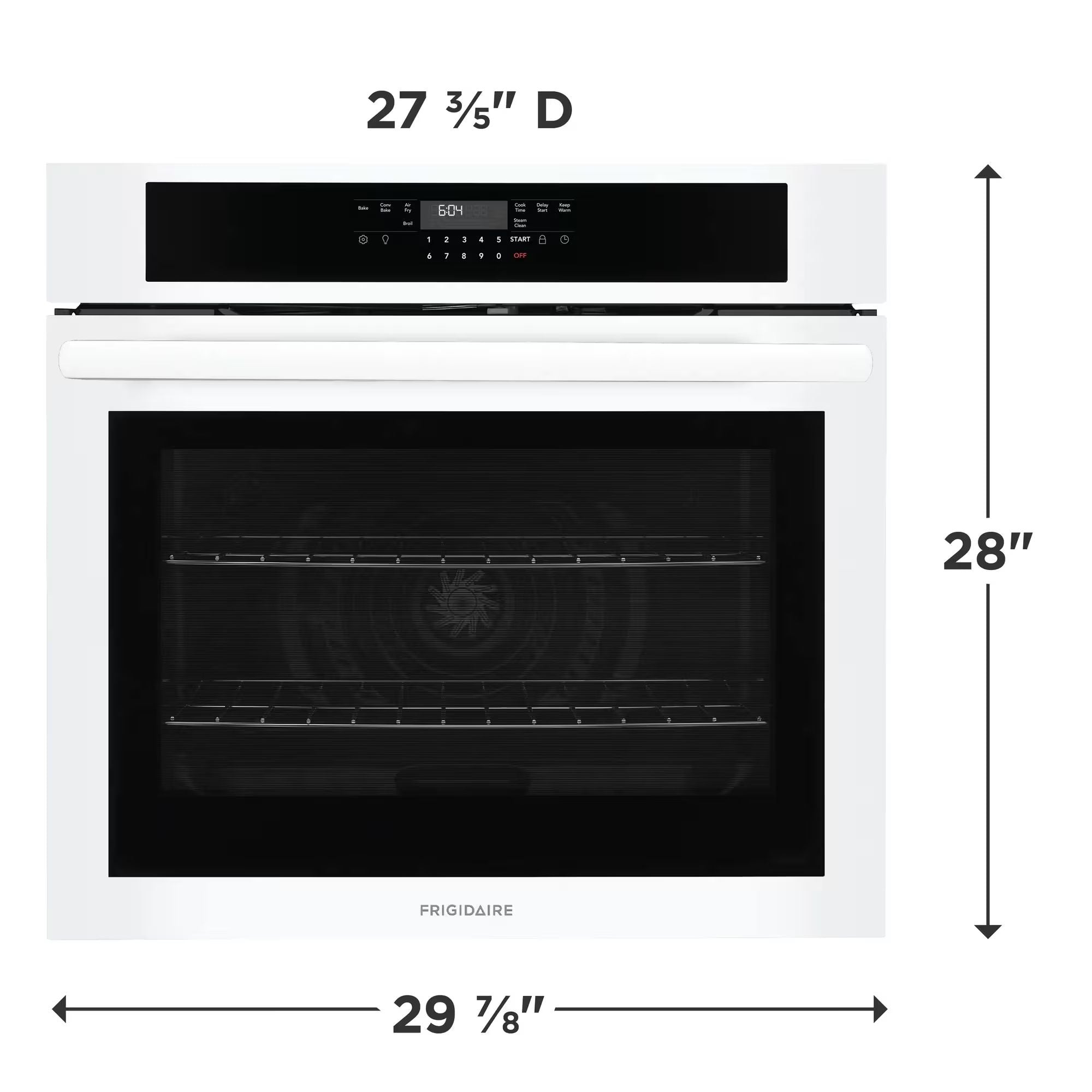 Frigidaire FCWS3030AW 30-inch white single wall oven with air fry feature, shown with control panel and oven door open.