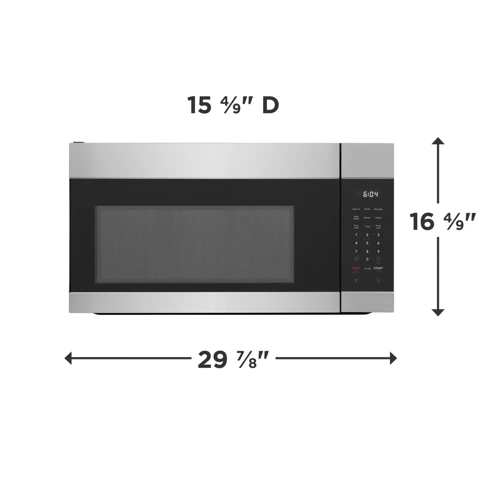 Frigidaire FMOS174CBS stainless steel over-the-range microwave, showing control panel and door with digital display.