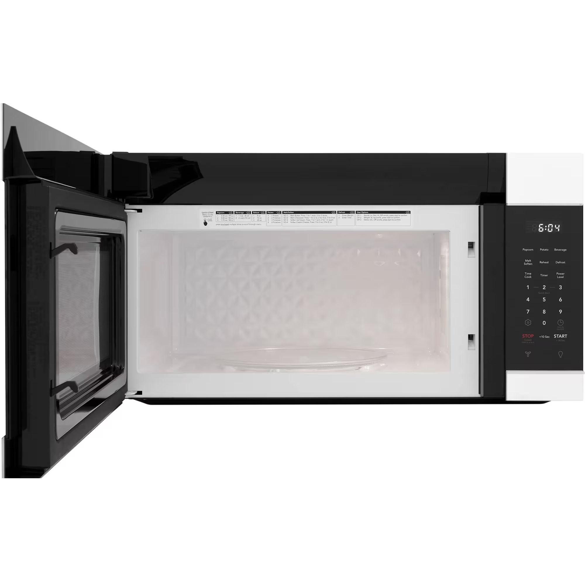 Frigidaire Gallery 1.7 cu ft white over-the-range microwave with digital control panel and turntable.