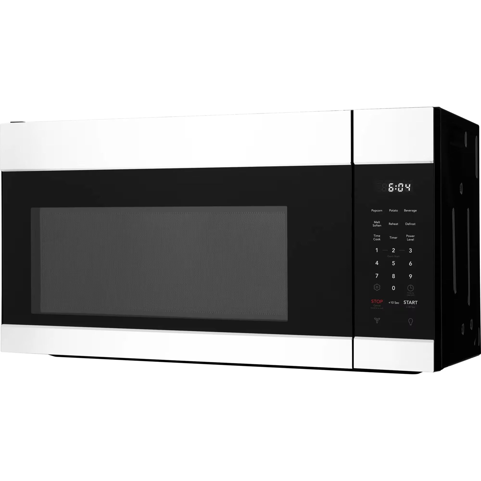 Frigidaire Gallery 1.7 cu ft over-the-range microwave in white, showing control panel and interior oven space.