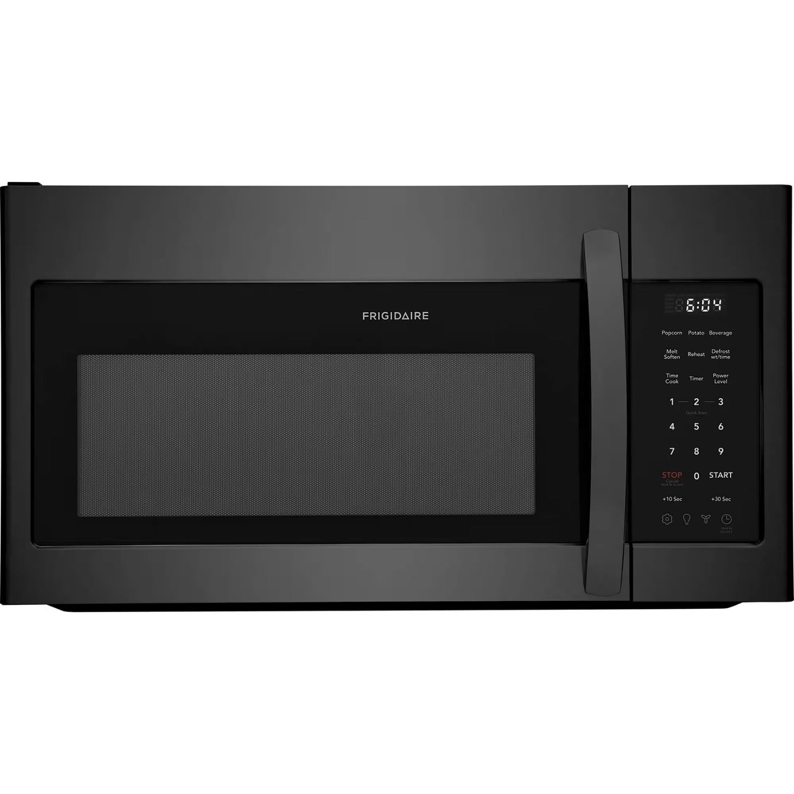 Frigidaire FMOS1846BD black stainless steel over-the-range microwave with digital display and control panel inside.