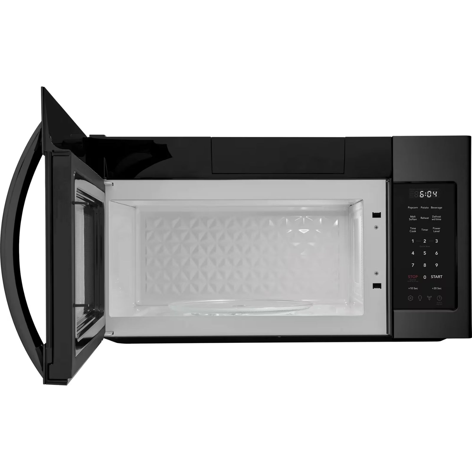 Frigidaire FMOS1846BD over-the-range microwave in black stainless steel, showing the front control panel and door open.