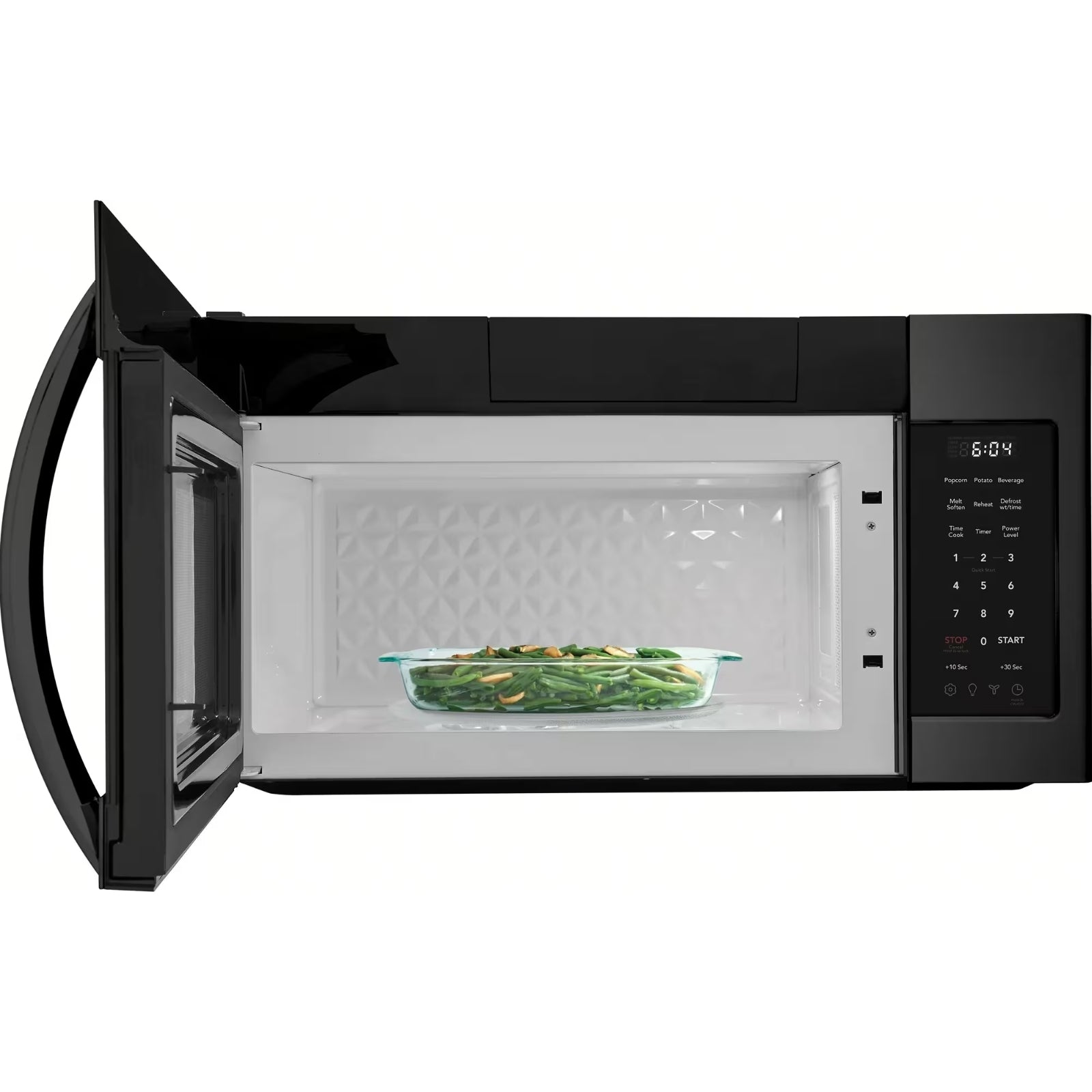 Frigidaire FMOS1846BD black stainless steel over-the-range microwave with digital control panel and ventilation system.