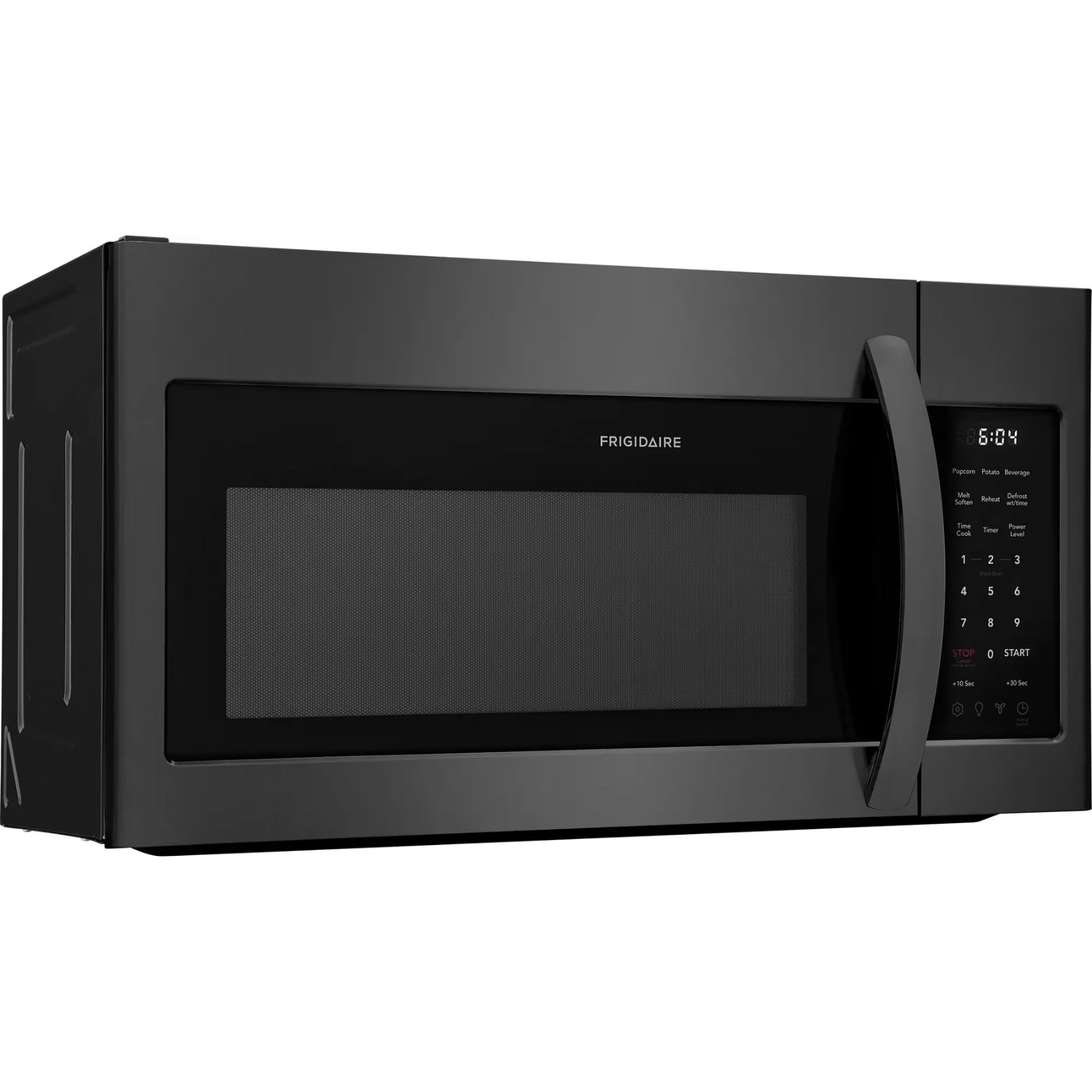 Frigidaire 1.8 cu ft over-the-range microwave in black stainless steel, showing the front control panel and door handle.