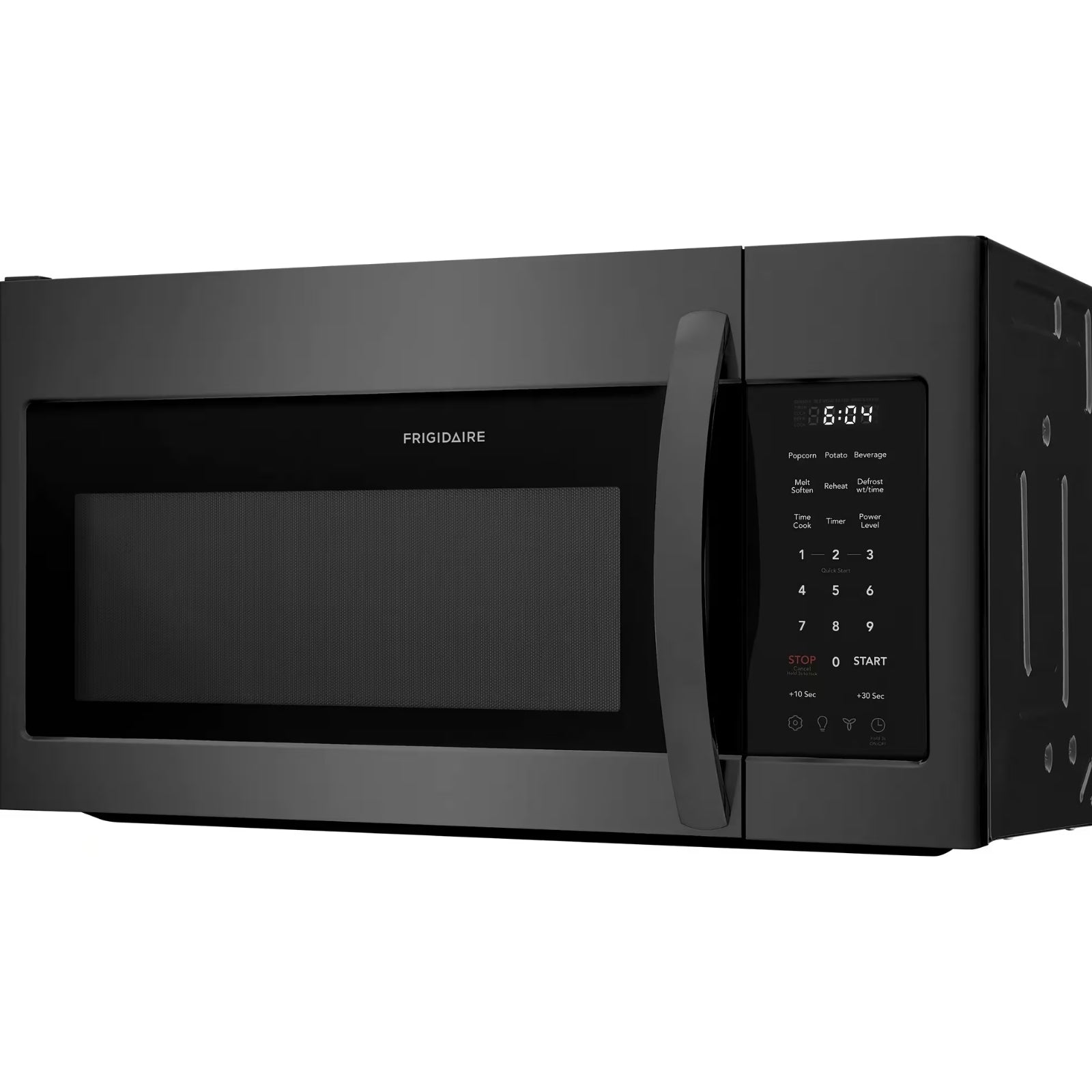 Frigidaire 1.8 cu ft black stainless steel over-the-range microwave with digital controls and display.