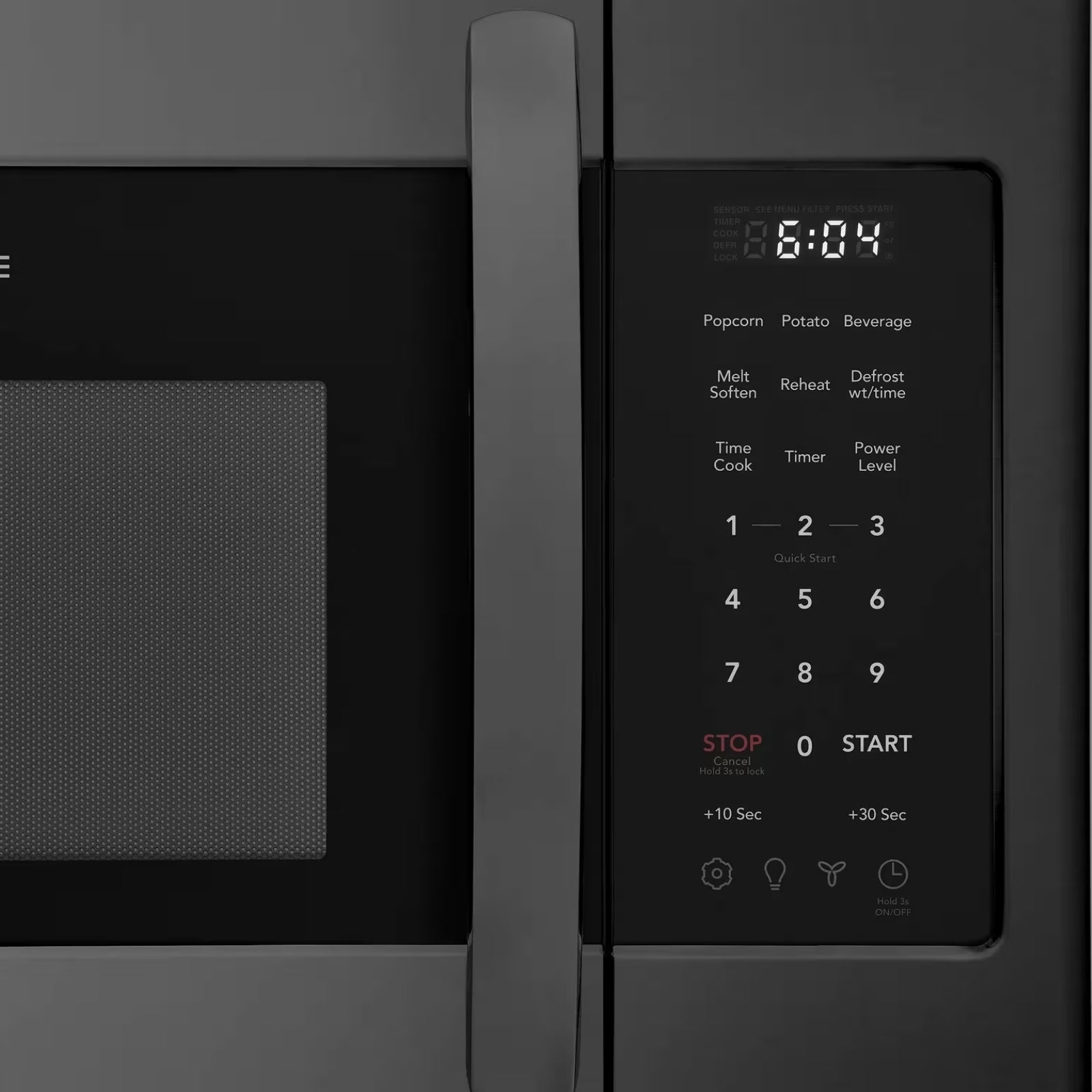 Frigidaire FMOS1846BD black stainless steel over-the-range microwave with control panel and interior view