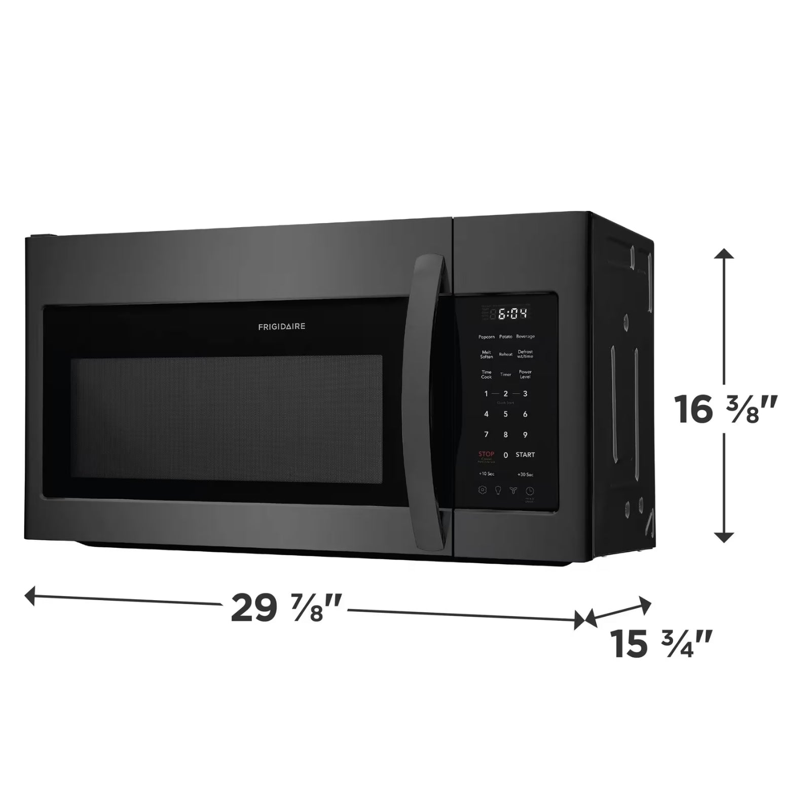Frigidaire 1.8 cu. ft. over-the-range microwave in black stainless steel, showing the control panel and door design.