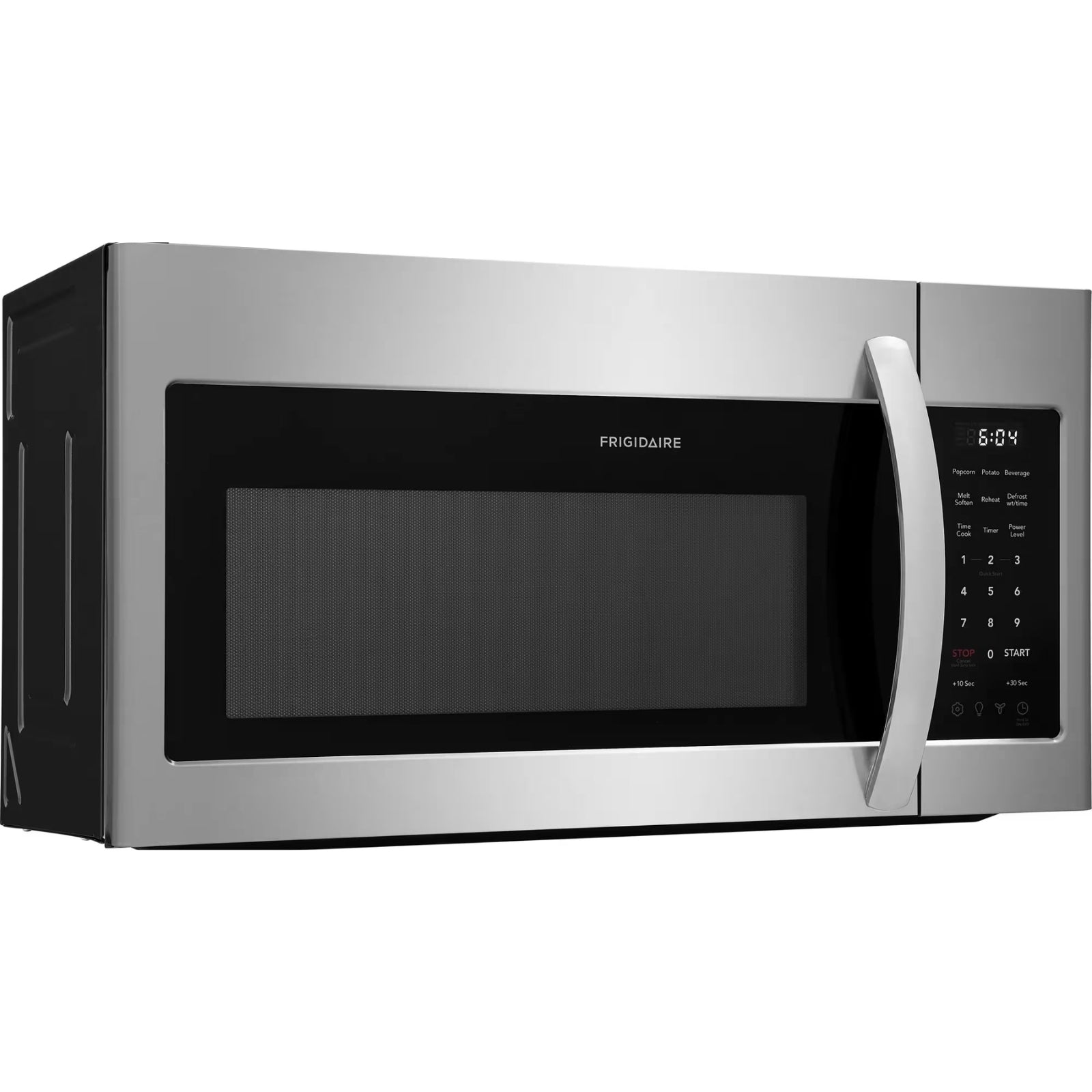 Frigidaire FMOS1846BS stainless steel over-the-range microwave with digital display and control panel, installed above a kitchen stove.