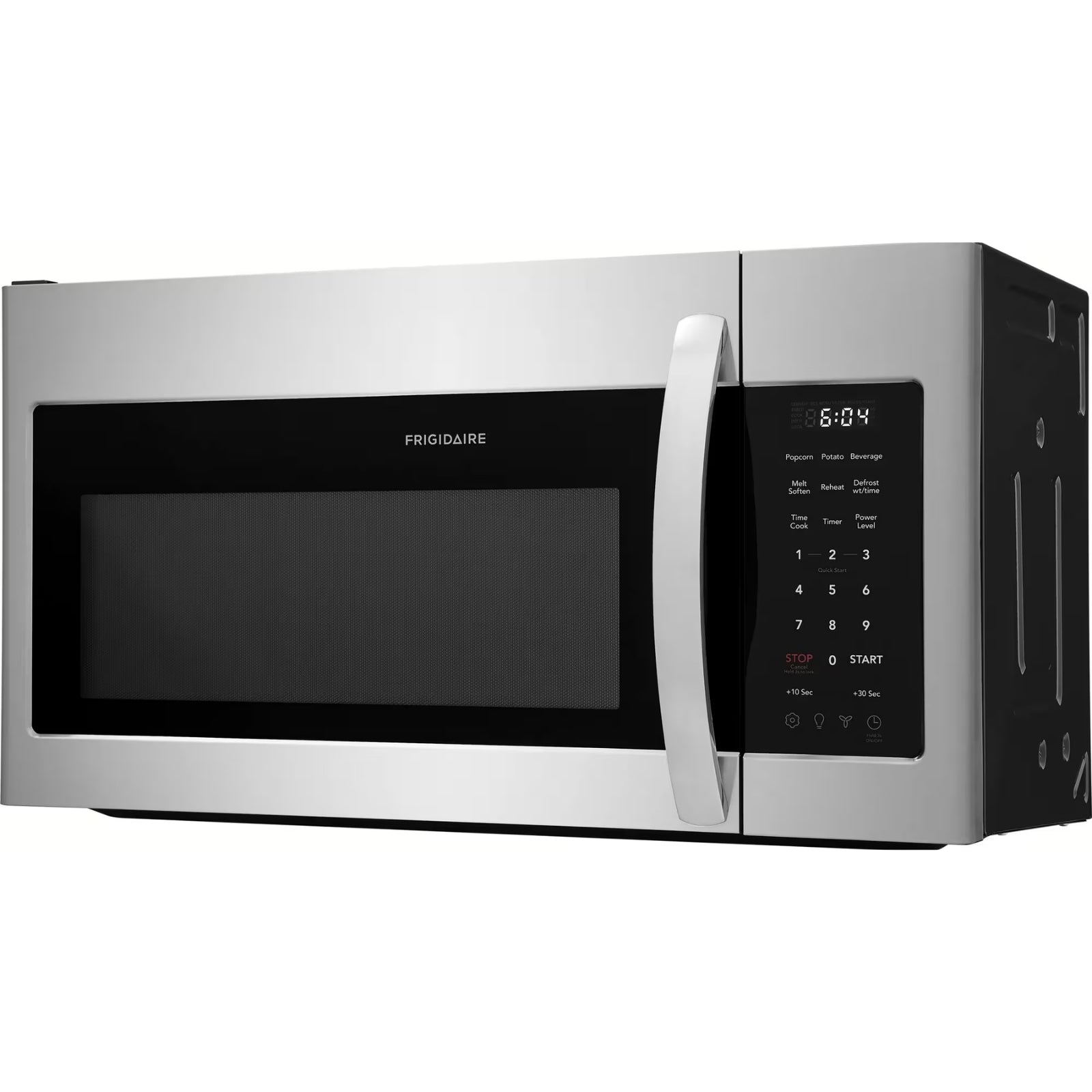 Frigidaire FMOS1846BS stainless steel over-the-range microwave with digital display and control panel, mounted above kitchen stove