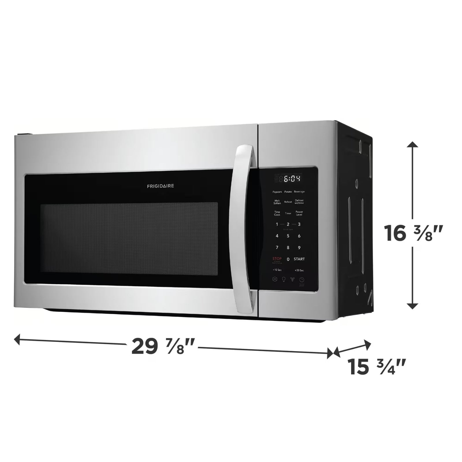 Stainless steel Frigidaire FMOS1846BS over-the-range microwave with digital display and control panel inside.