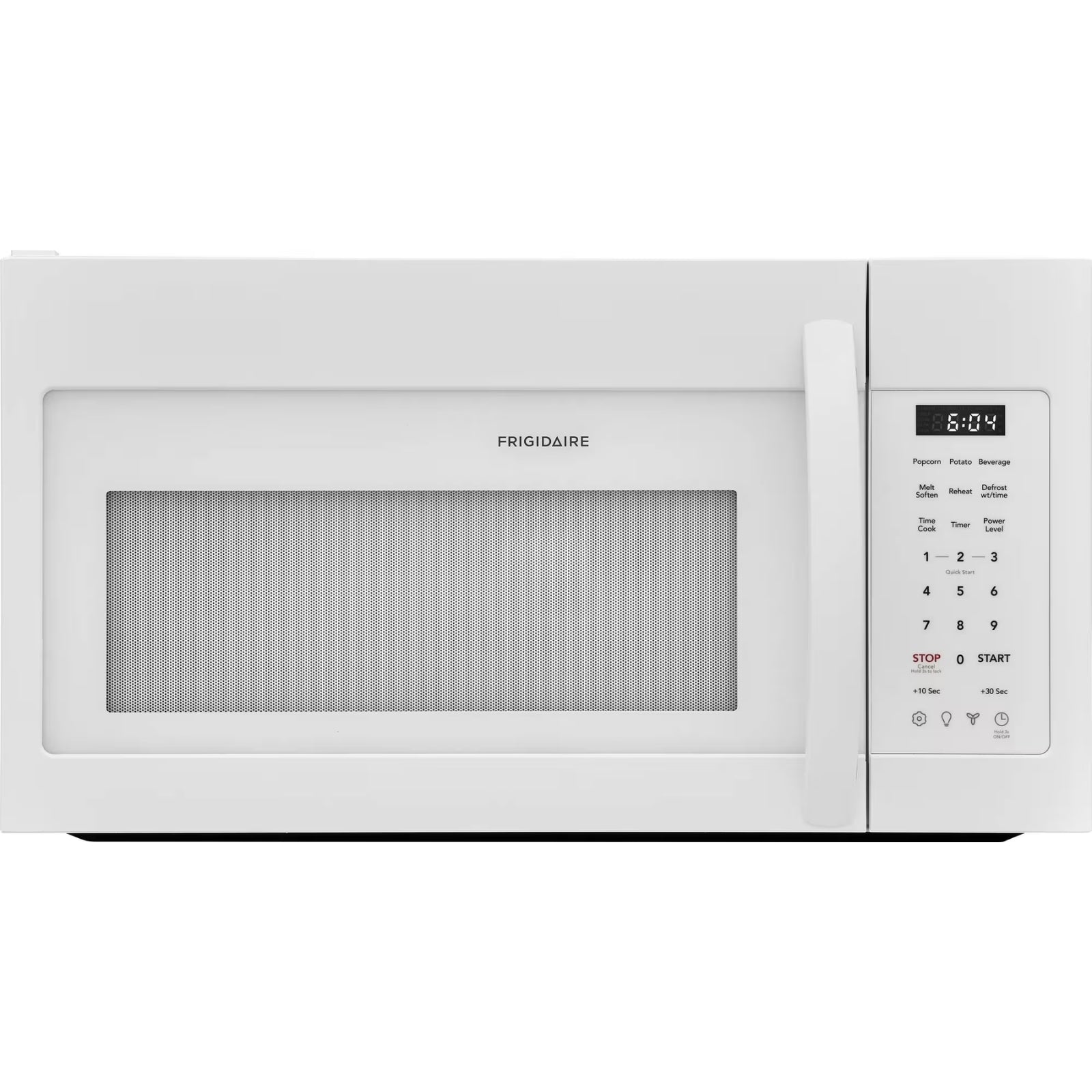 Frigidaire FMOS1846BW 1.8 cu ft over-the-range microwave in white, showing the front view with control panel and door