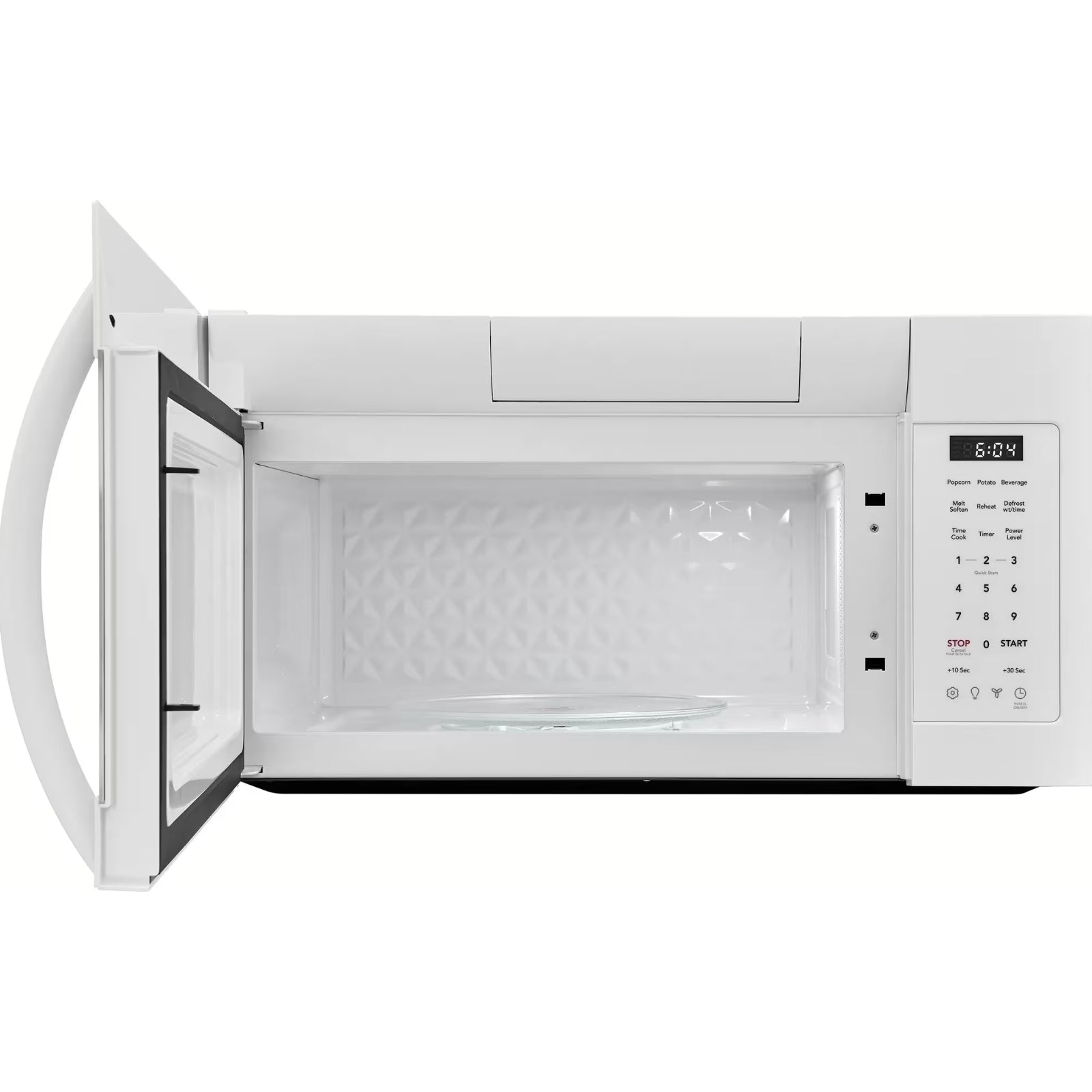 Frigidaire FMOS1846BW 1.8 Cu. Ft. white over-the-range microwave with digital display and control panel.