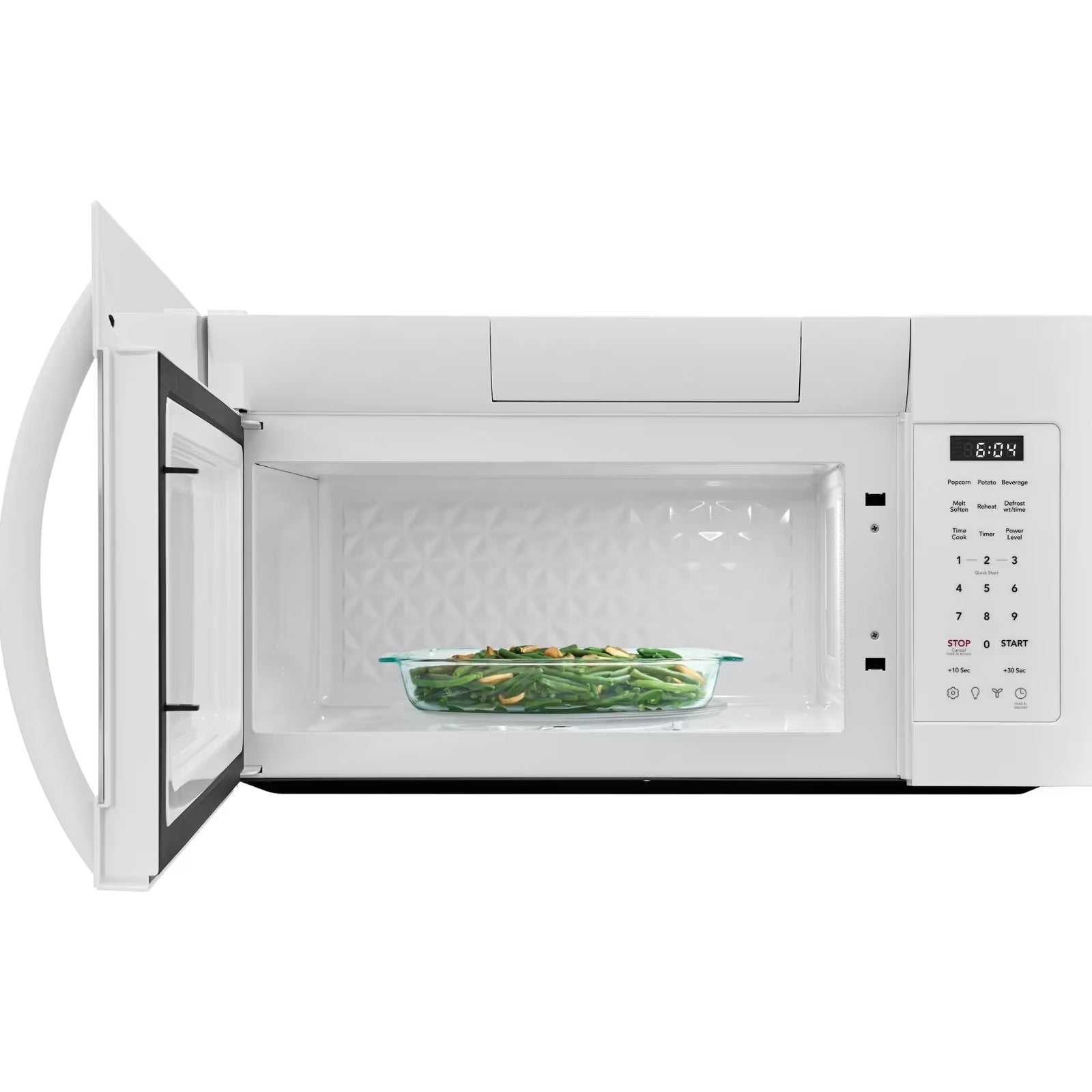 White Frigidaire FMOS1846BW over-the-range microwave with digital display and control panel, mounted above kitchen stove.