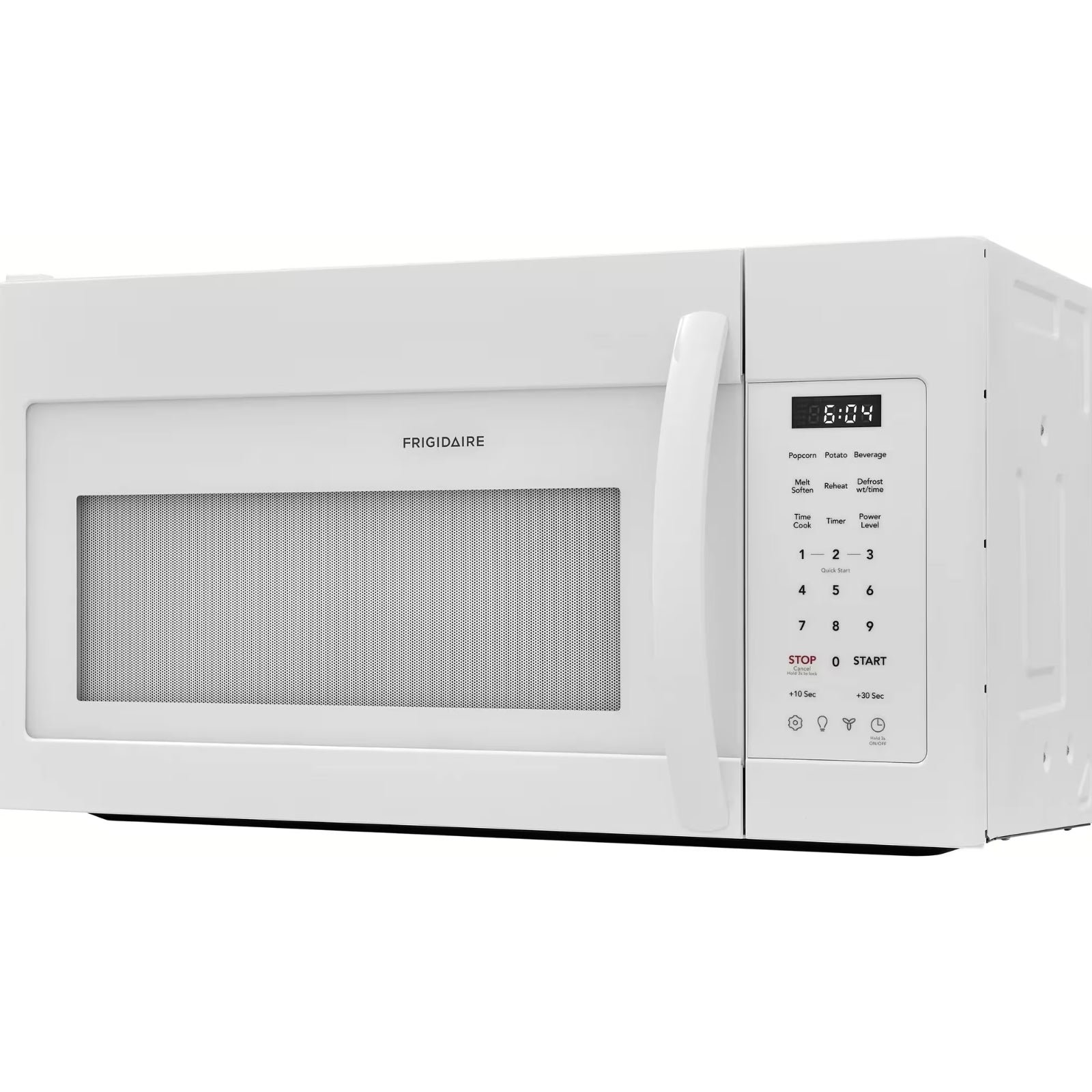 White Frigidaire FMOS1846BW over-the-range microwave with digital display and control panel inside, mounted above a stove.