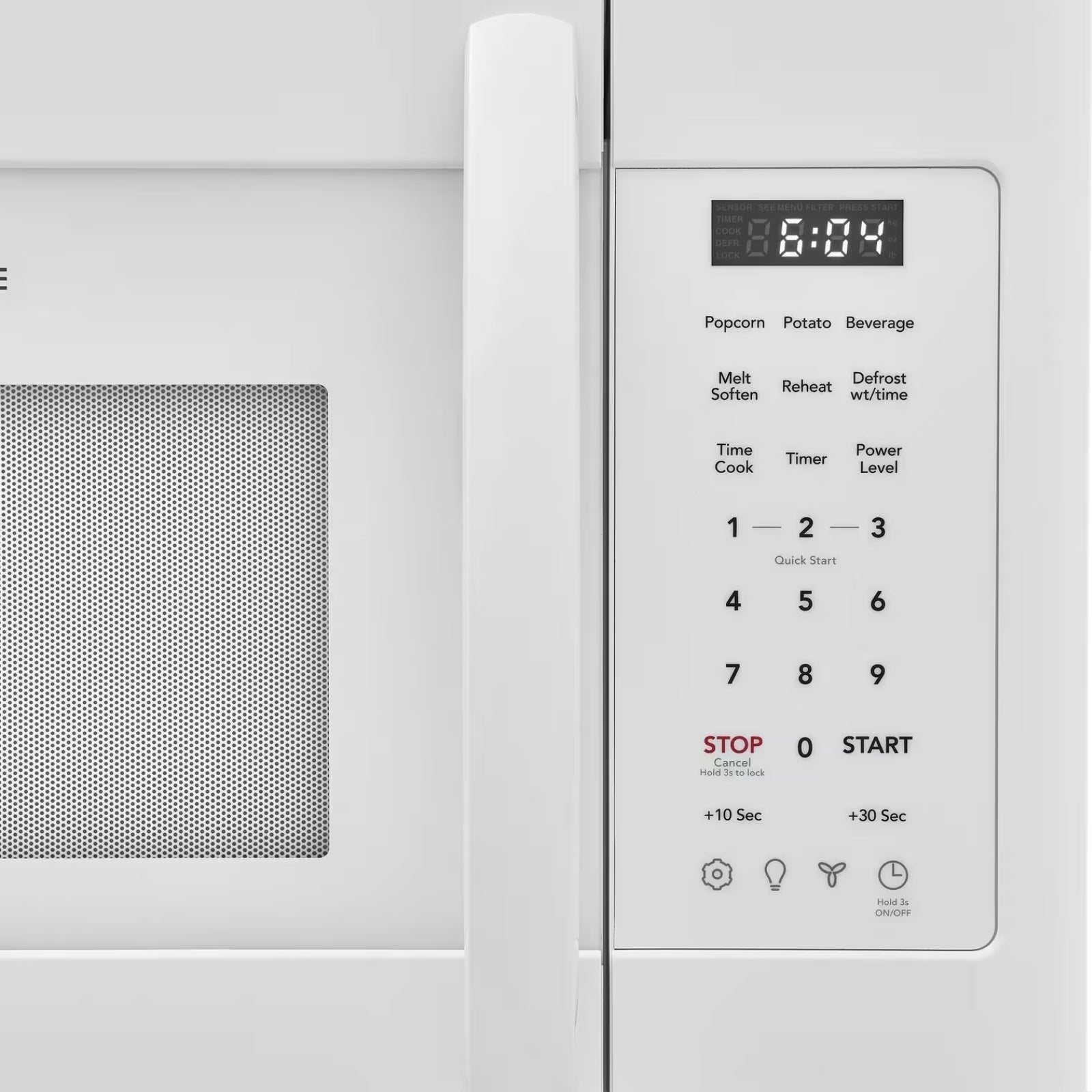 White Frigidaire over-the-range microwave with digital control panel and interior light, model FMOS1846BW, 1.8 cu. ft. capacity.