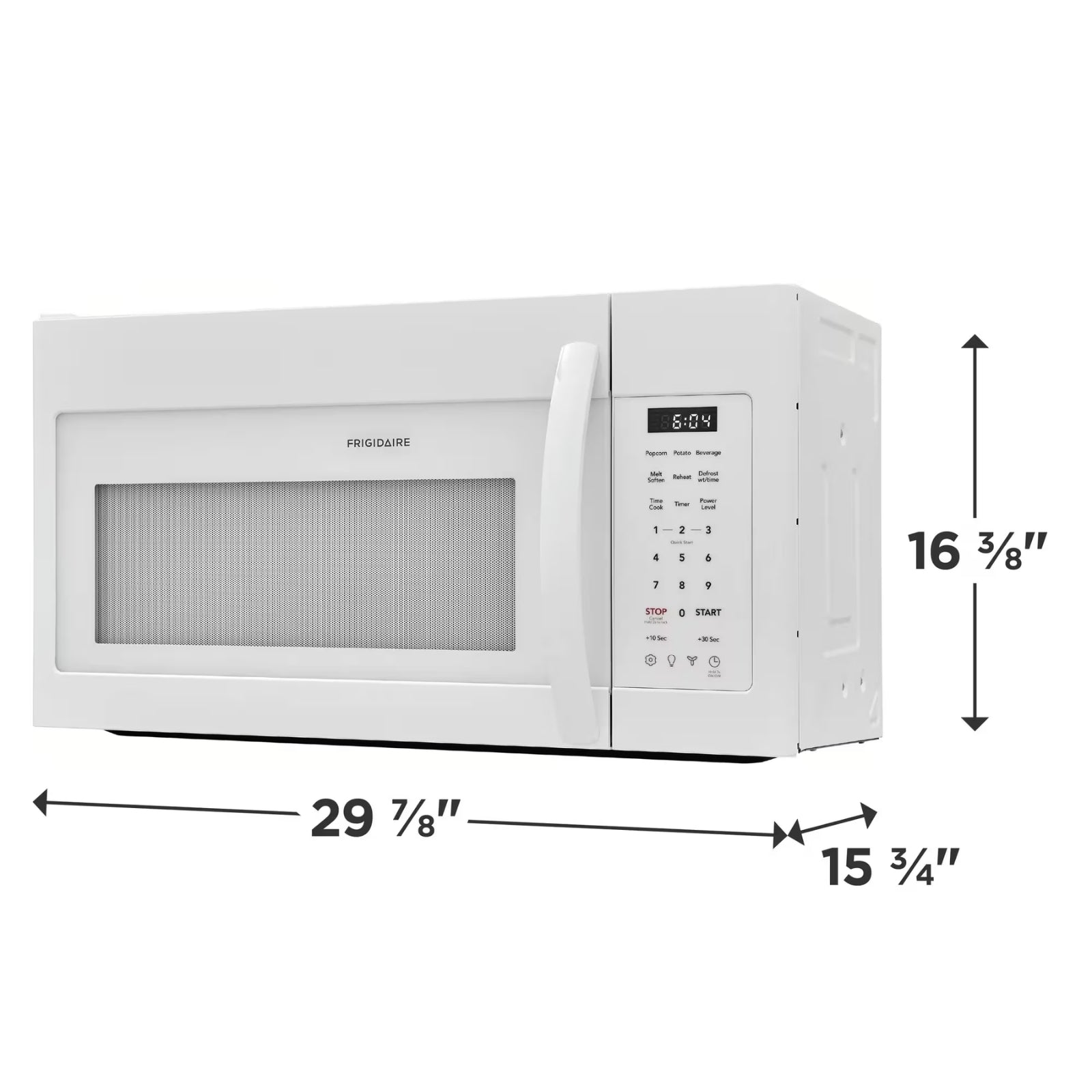 White Frigidaire FMOS1846BW over-the-range microwave with digital display and control panel, installed above kitchen stove.